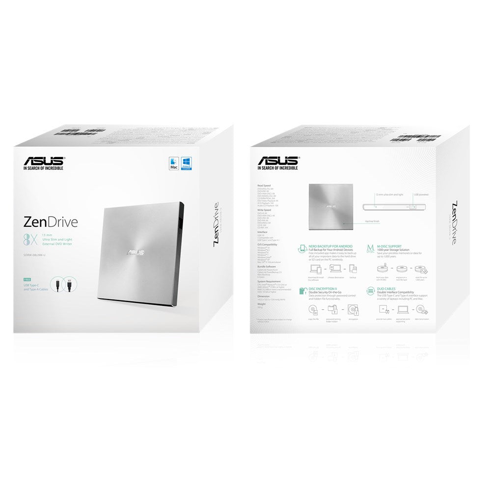 ASUS ZenDrive U9M (SDRW-08U9M-U) – Slimline externes DVD±RW – für Laptop, USB 2.0