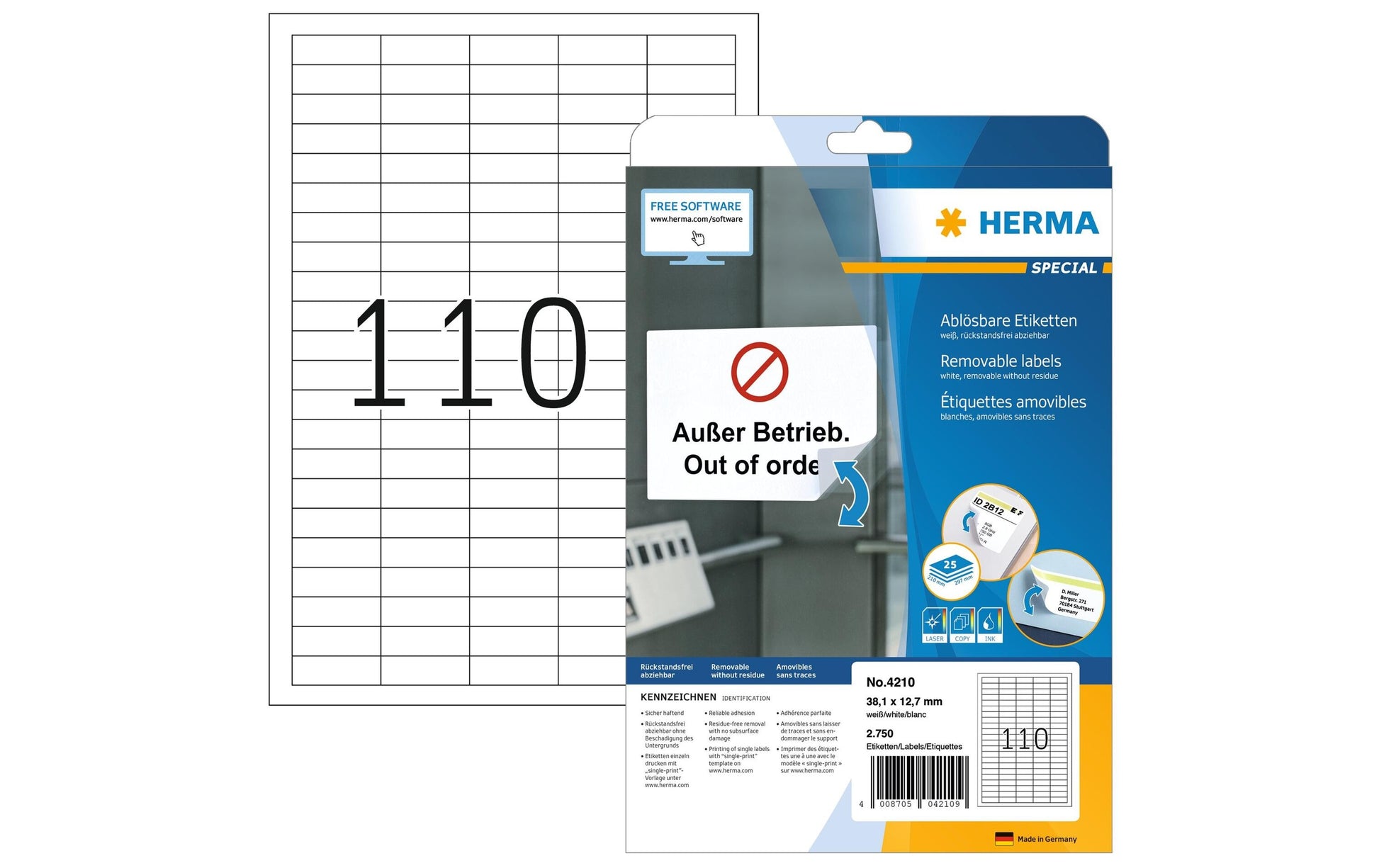 HERMA Druckeretiketten, 38 mm × 13 mm, weiss, Papier, ablösbar, 25 Blätter (2750 Etiketten)