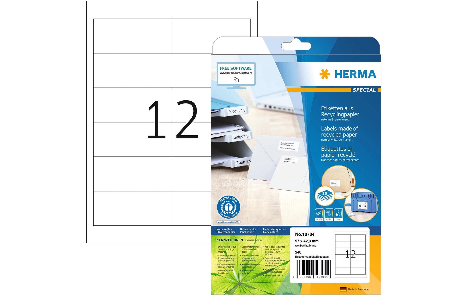 HERMA Bogenetiketten, 97 mm × 42 mm, naturweiss, Altpapier, permanent, 20 Blatt (240 Etiketten)