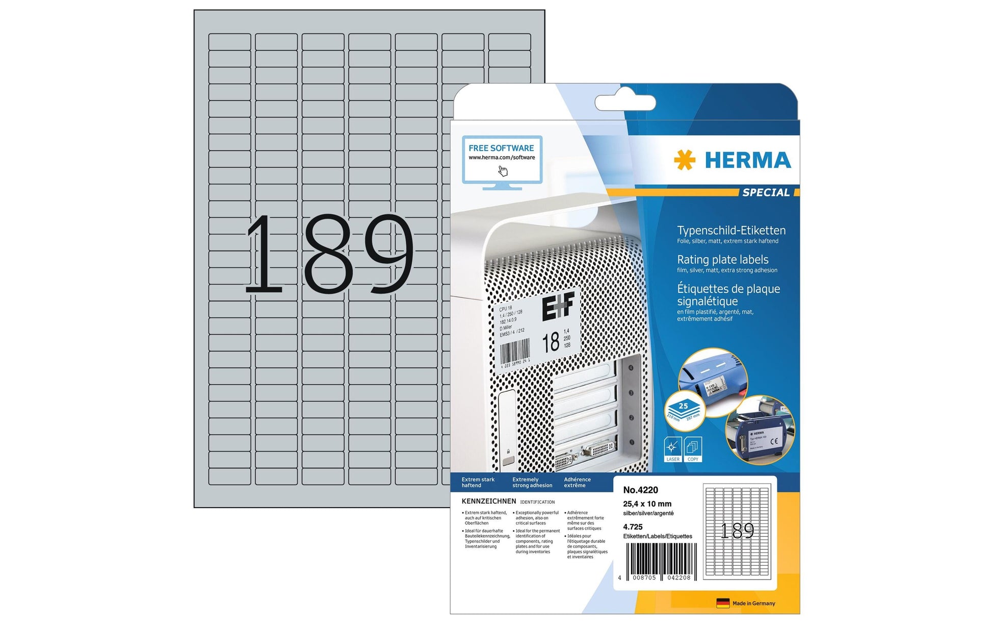 HERMA Drucketiketten, 25 mm × 10 mm, silber, Folie, extra stark, 25 Blatt