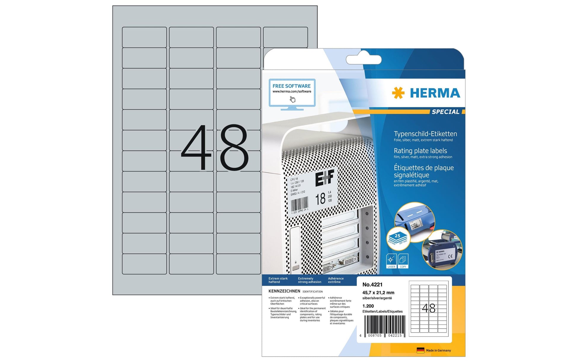 HERMA Typenschild-Etiketten, 46 mm × 21 mm, silber, Folie, extra stark, 25 Blatt