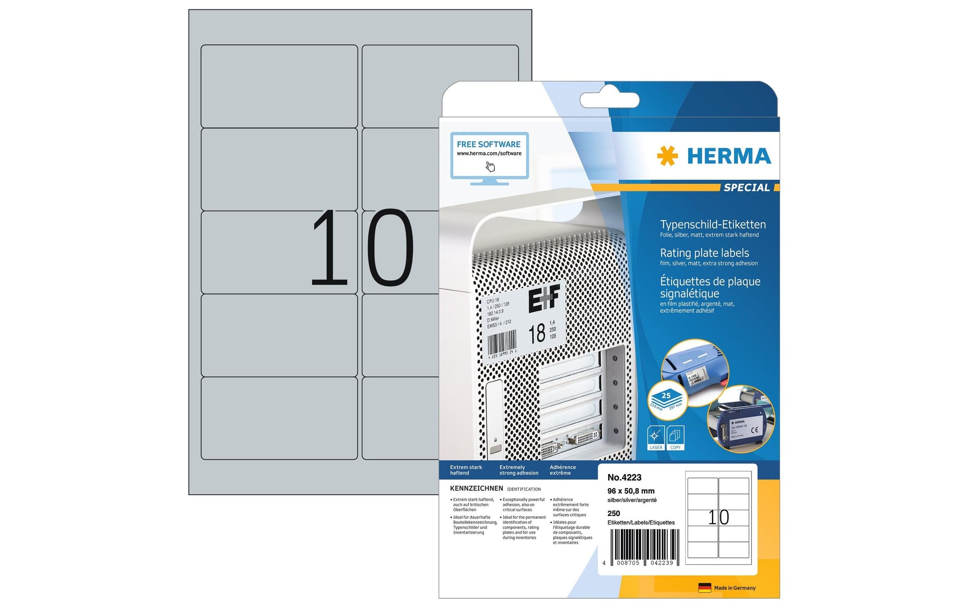 HERMA Drucketiketten, 96 mm × 51 mm, silber, Folie, extra stark, 25 Blätter (250 Etiketten)
