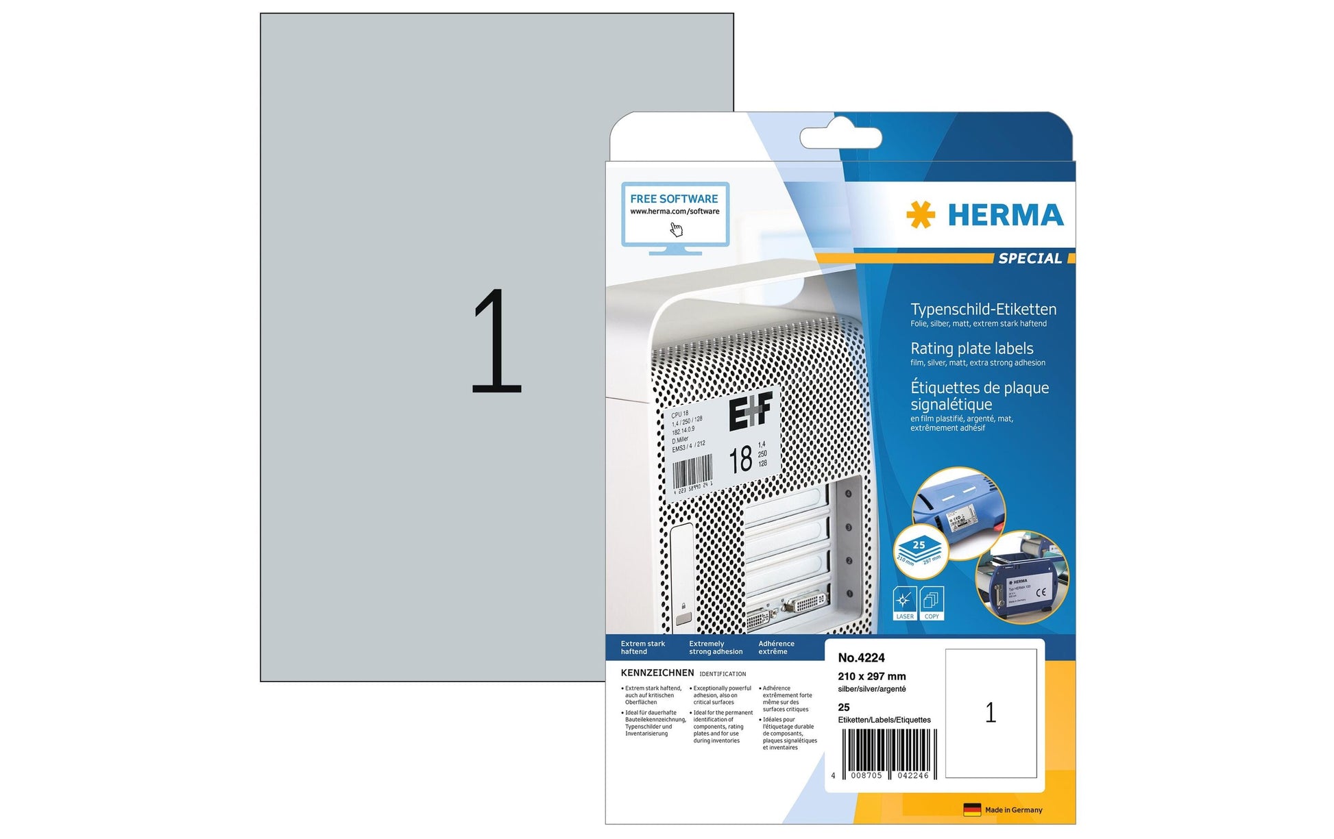 HERMA Typenschild-Etiketten, 210 mm × 297 mm, silber, Folie, permanent, 25 Blatt