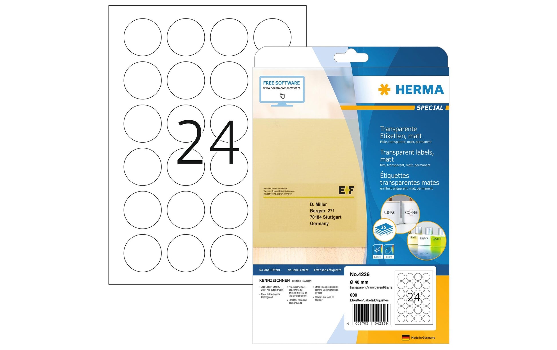 HERMA Runde Druckeretiketten, Ø 40 mm, transparent, PES-Folie, stark klebend, 600 Etiketten