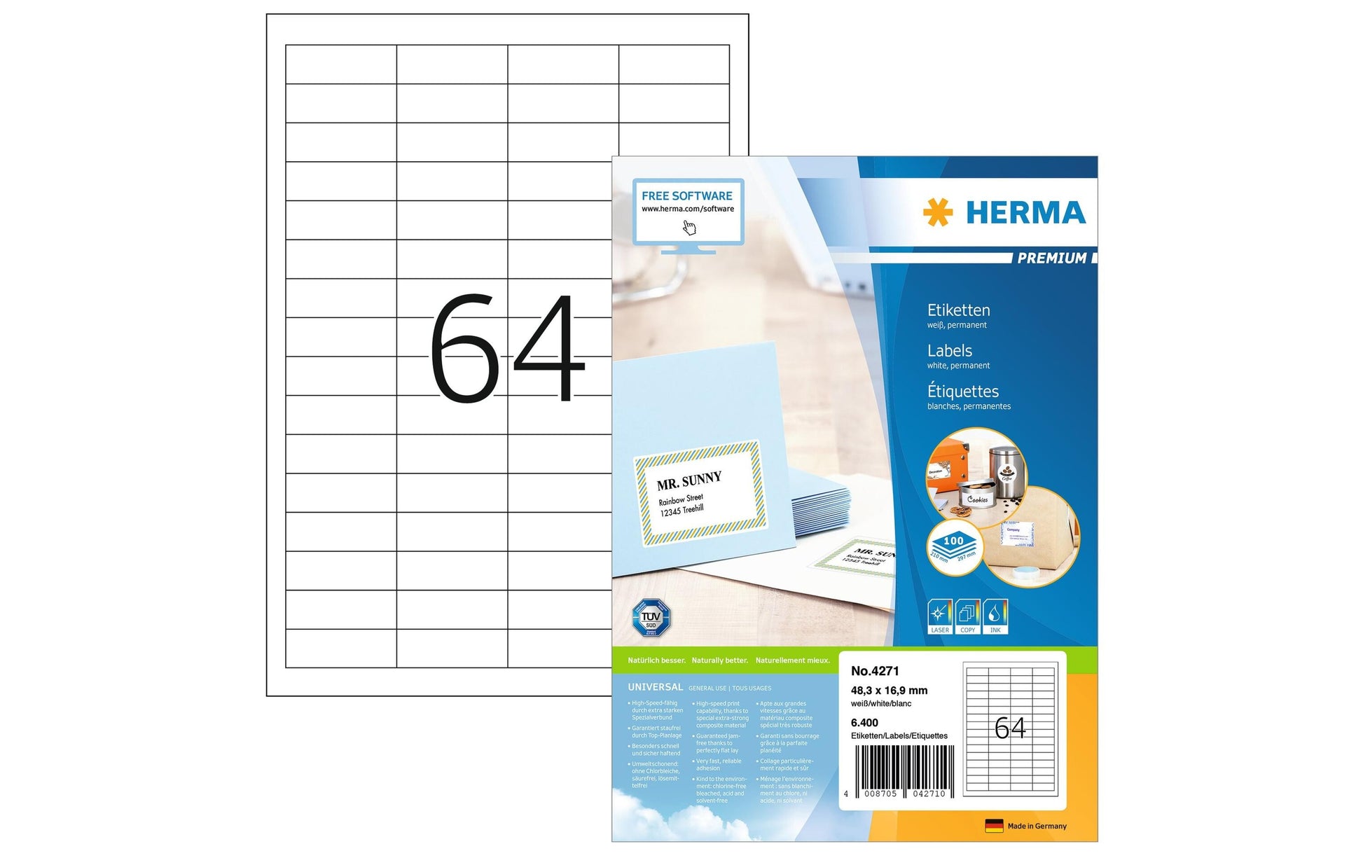 HERMA Etiketten, 48 mm × 17 mm, weiss, Papier, permanent, 100 Blätter (6400 Etiketten)