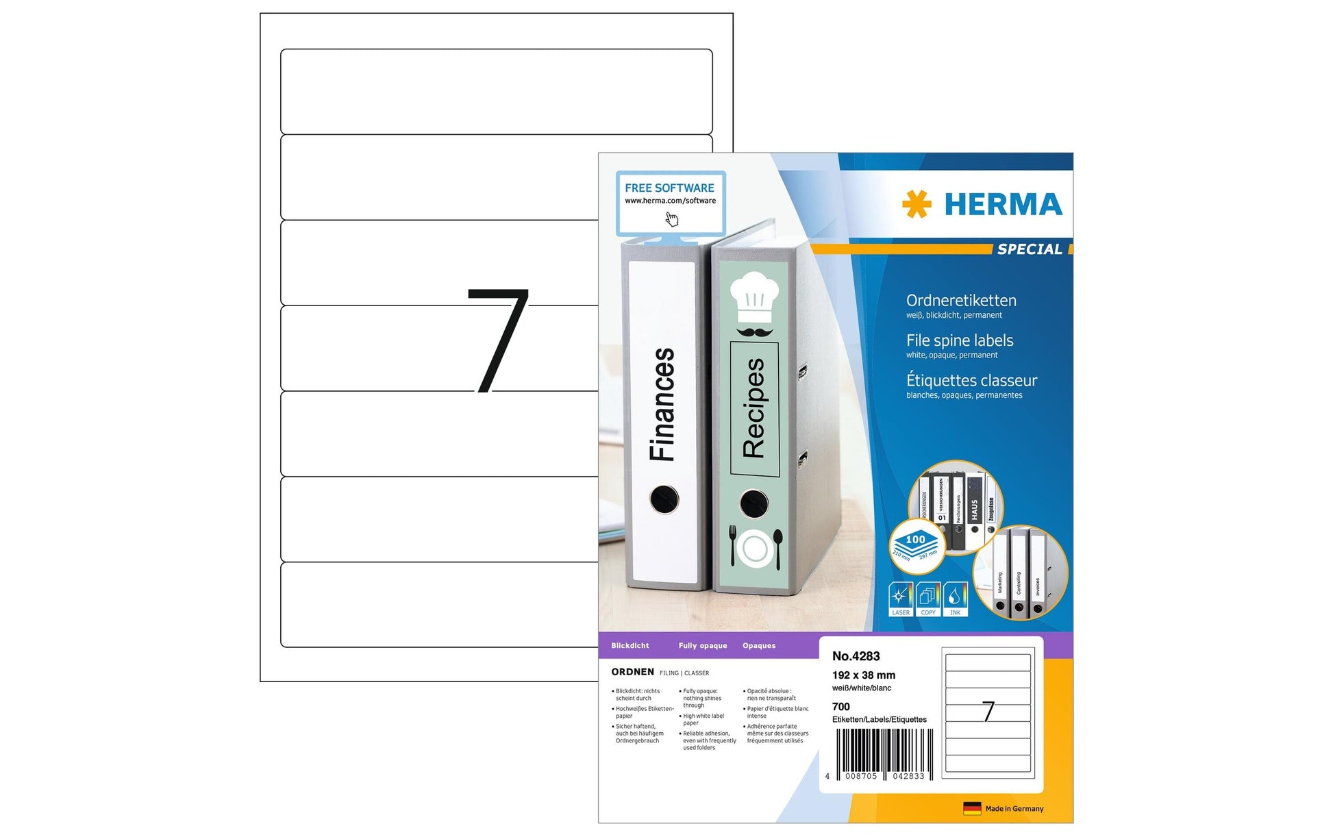 HERMA Druckeretiketten, 192 mm × 38 mm, weiss, Papier, permanent, Packung 100 Blatt (700 Etiketten)
