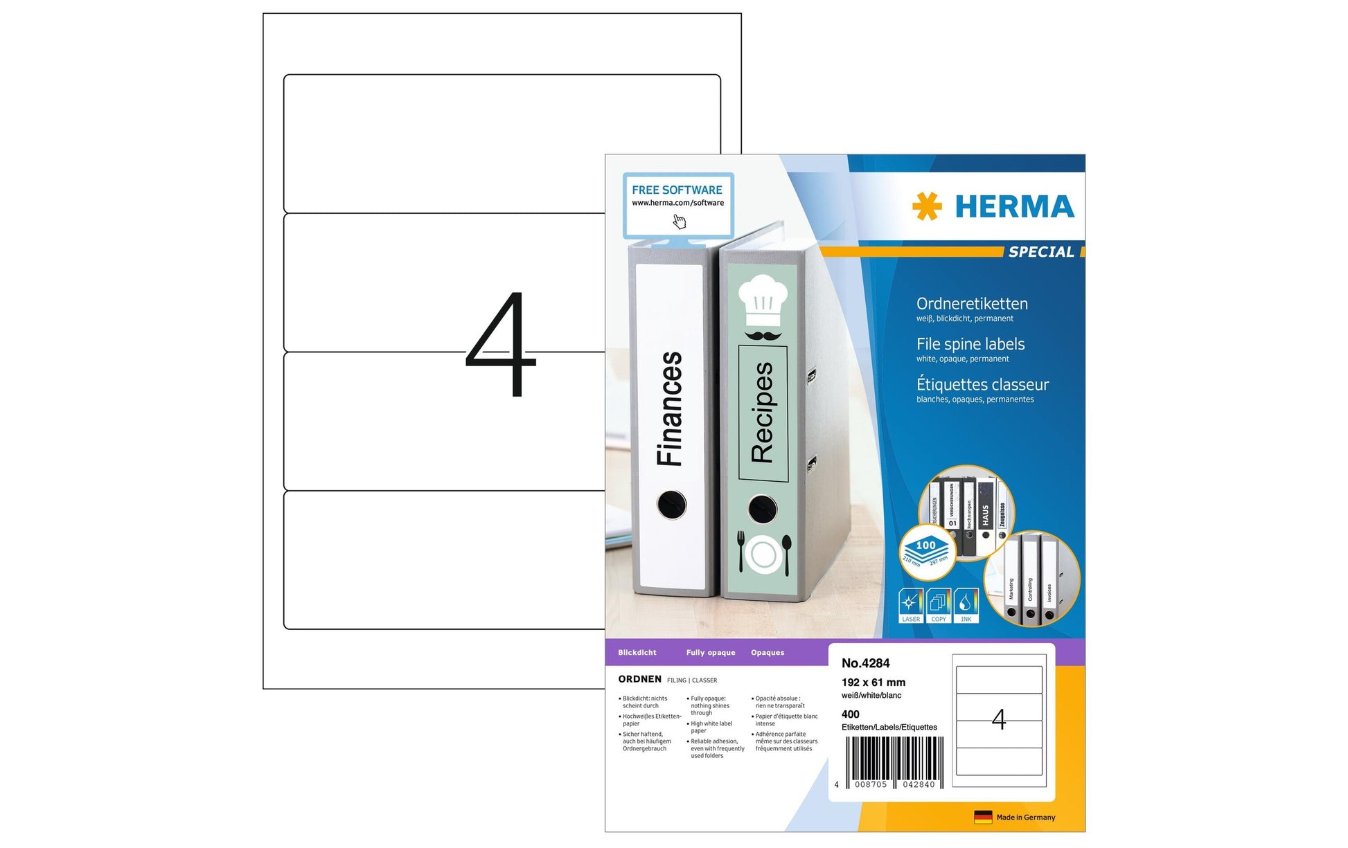 HERMA Druckeretiketten, 192 mm × 61 mm, weiss, Papier, permanent, 100 Blatt (400 Etiketten)