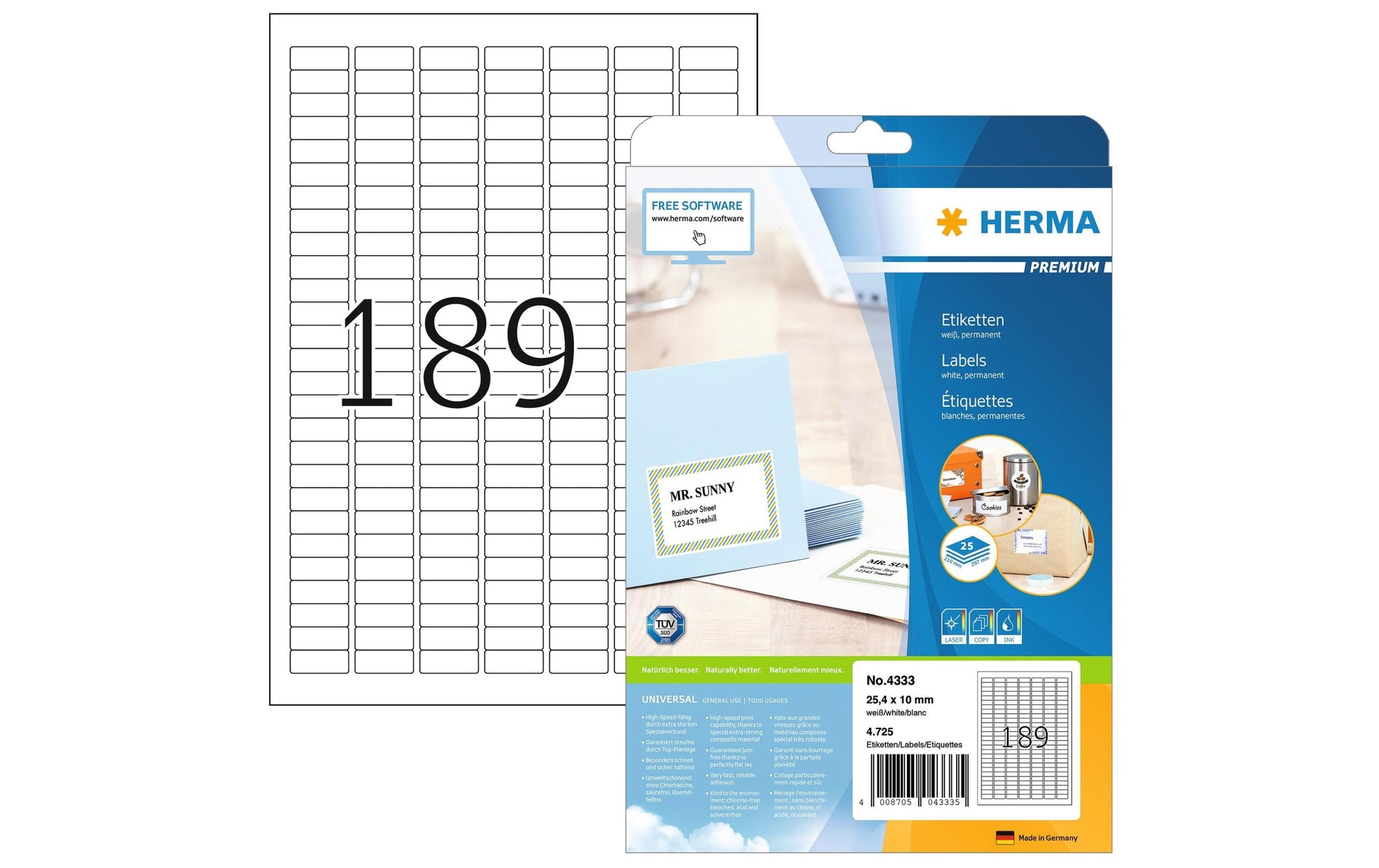 HERMA Druckeretiketten, 25 mm × 10 mm, weiss, Papier, permanent, 25 Blätter (4'725 Etiketten)