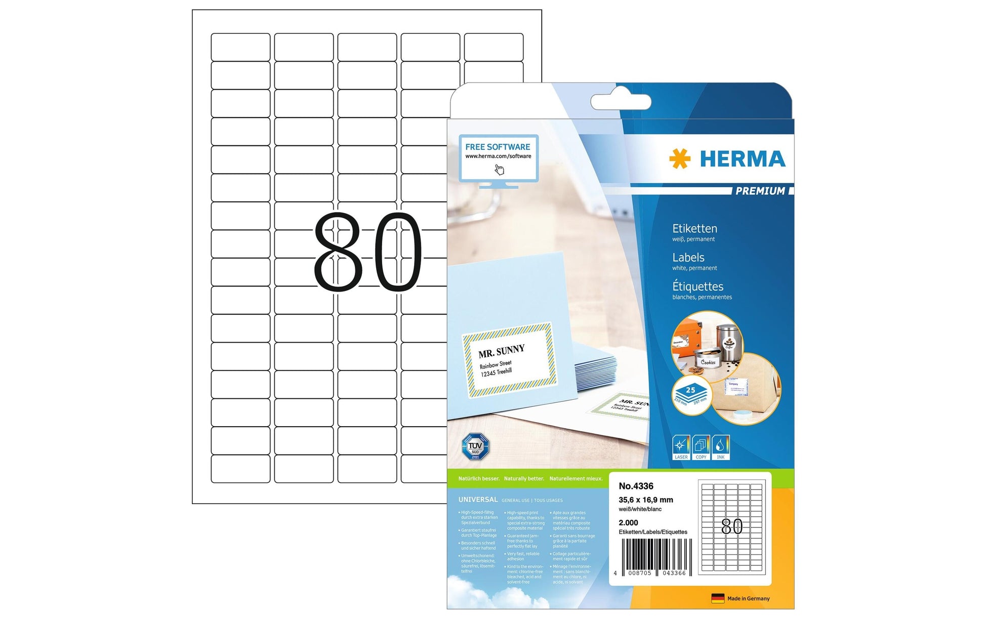 HERMA Druckeretiketten, 36 mm × 17 mm, weiss, Papier, permanent, 2000 Etiketten (25 Blätter)