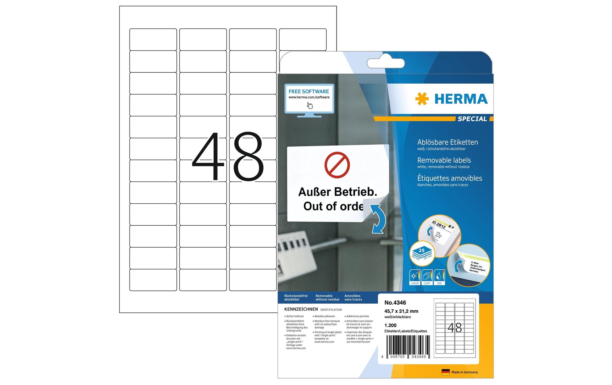 HERMA Etiketten, 46 mm × 21 mm, weiss, Papier, ablösbar, 25 Blatt (1'200 Etiketten)