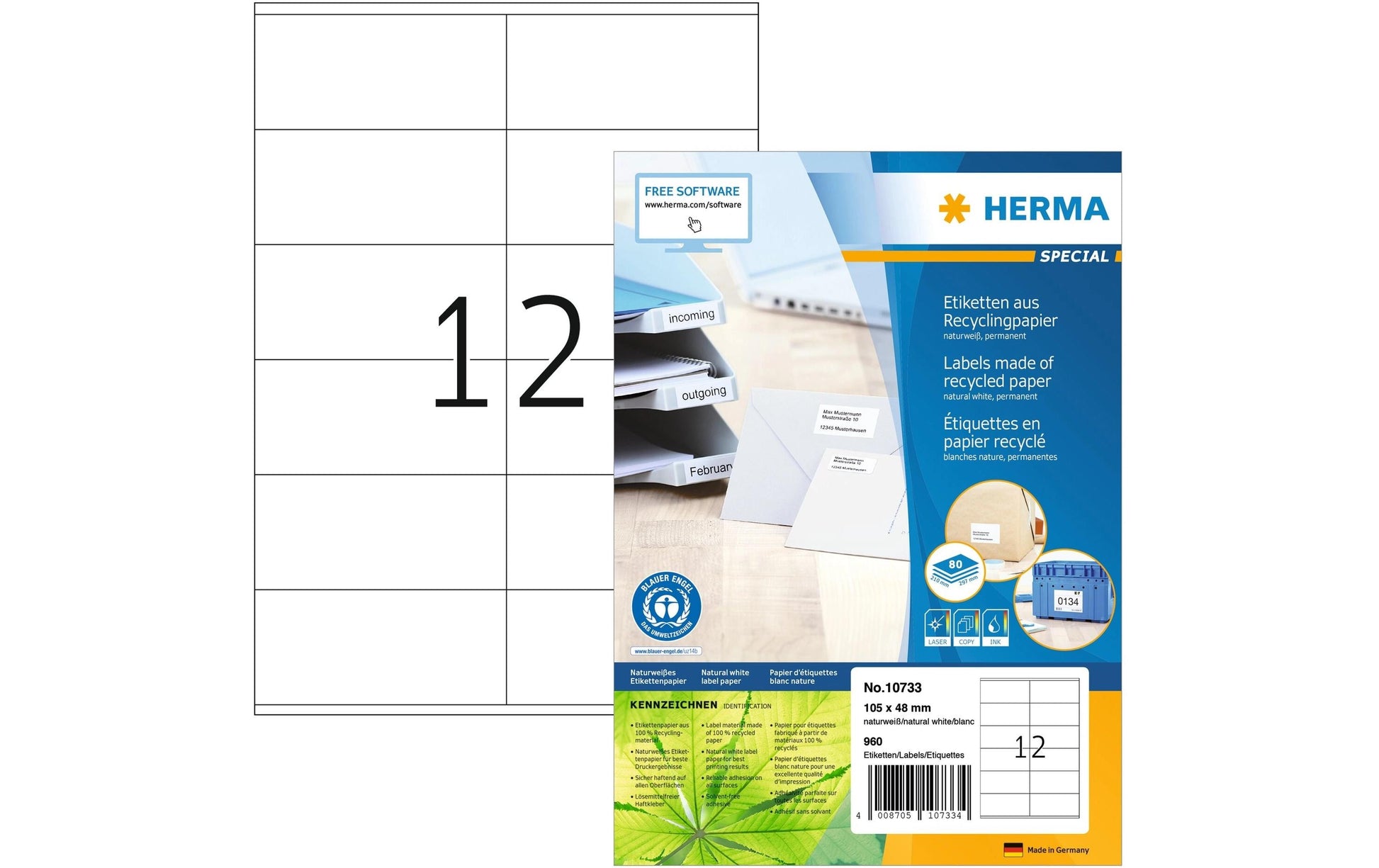 HERMA Gestanzte Etiketten, 105 mm × 48 mm, weiss, Papier, permanent, 960 Stück