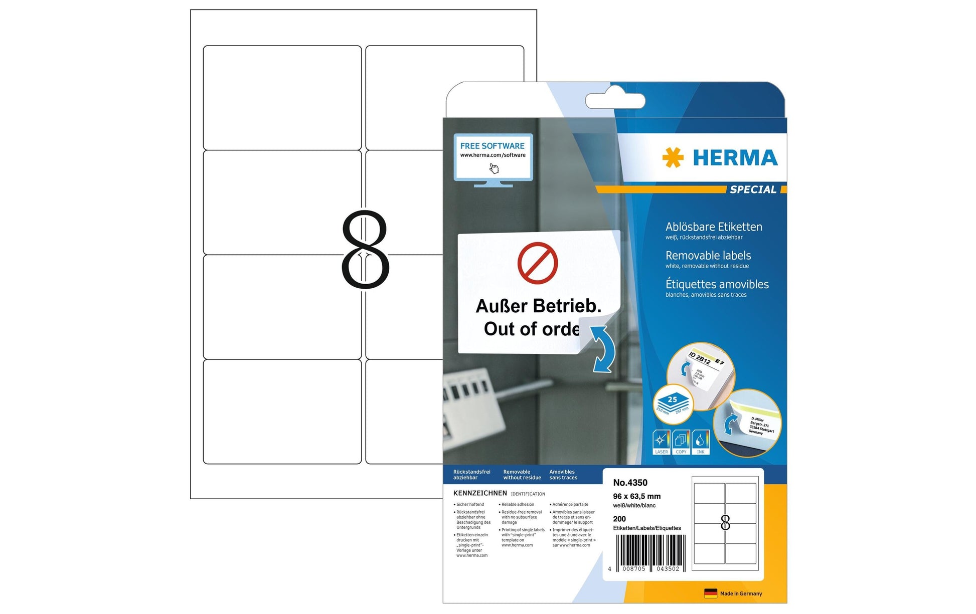 HERMA Druckeretiketten, 96 mm × 63,5 mm, weiss, Papier, ablösbar, 200 Etiketten (25 Blatt)