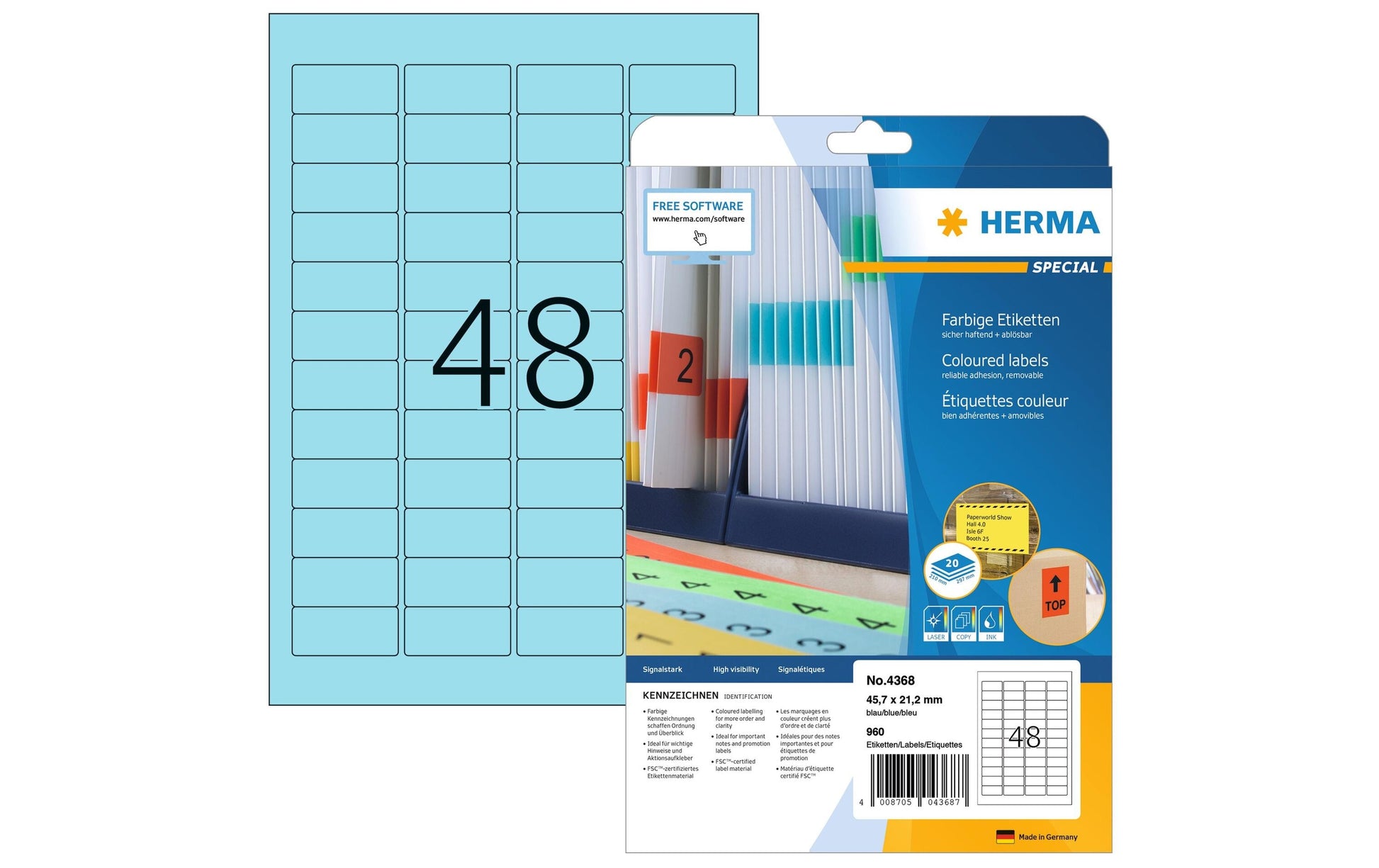 HERMA Etiketten, 46 mm × 21 mm, blau, Papier, wiederablösbar, 20 Blatt (960 Etiketten)