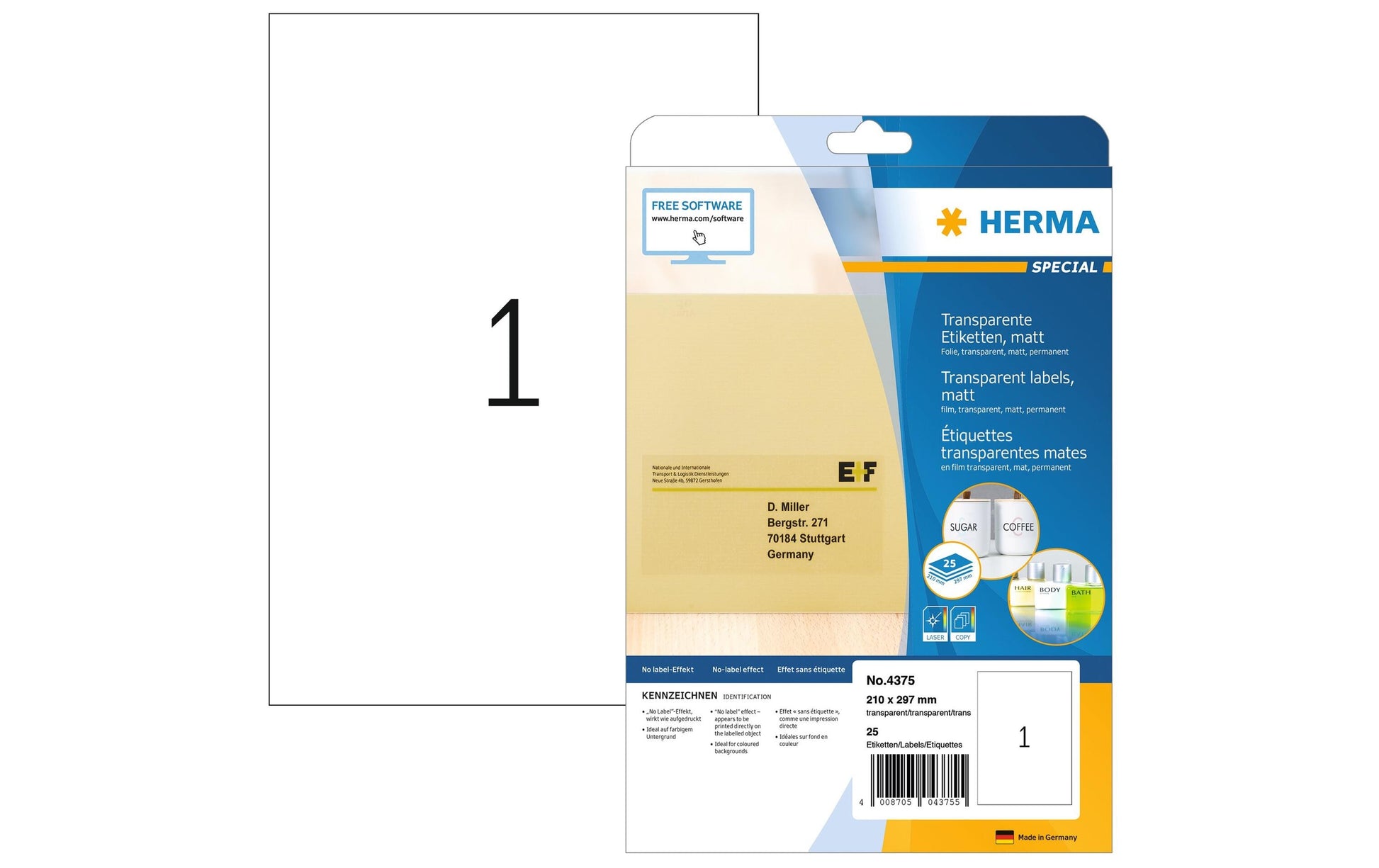 HERMA Drucketiketten, 210 mm × 297 mm, transparent, Folie, permanent, 25 Blatt