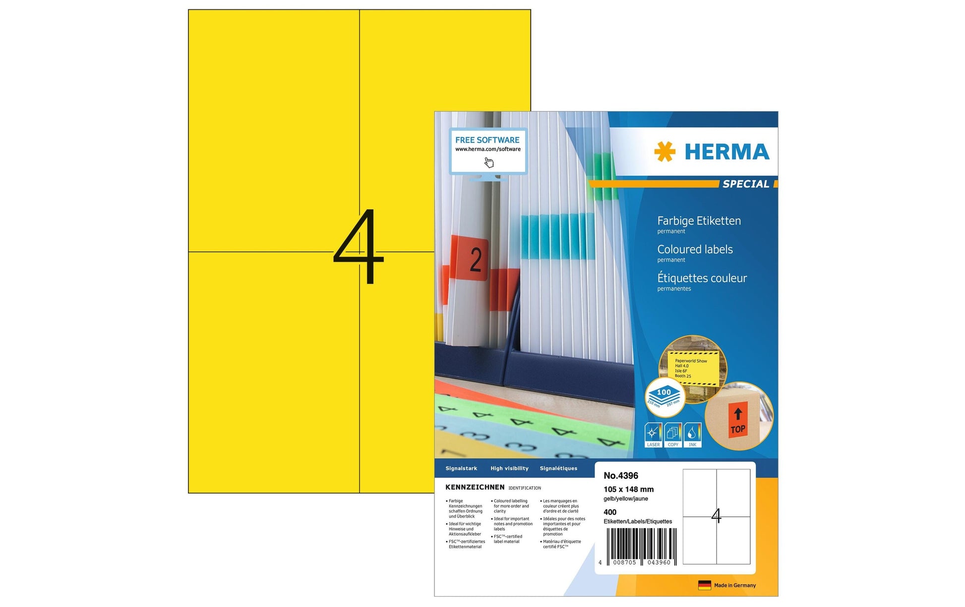 HERMA Etiketten auf Bogen, 105 mm × 148 mm, Gelb, Papier, Permanent haftend, 100 Blätter (400 Etiketten)