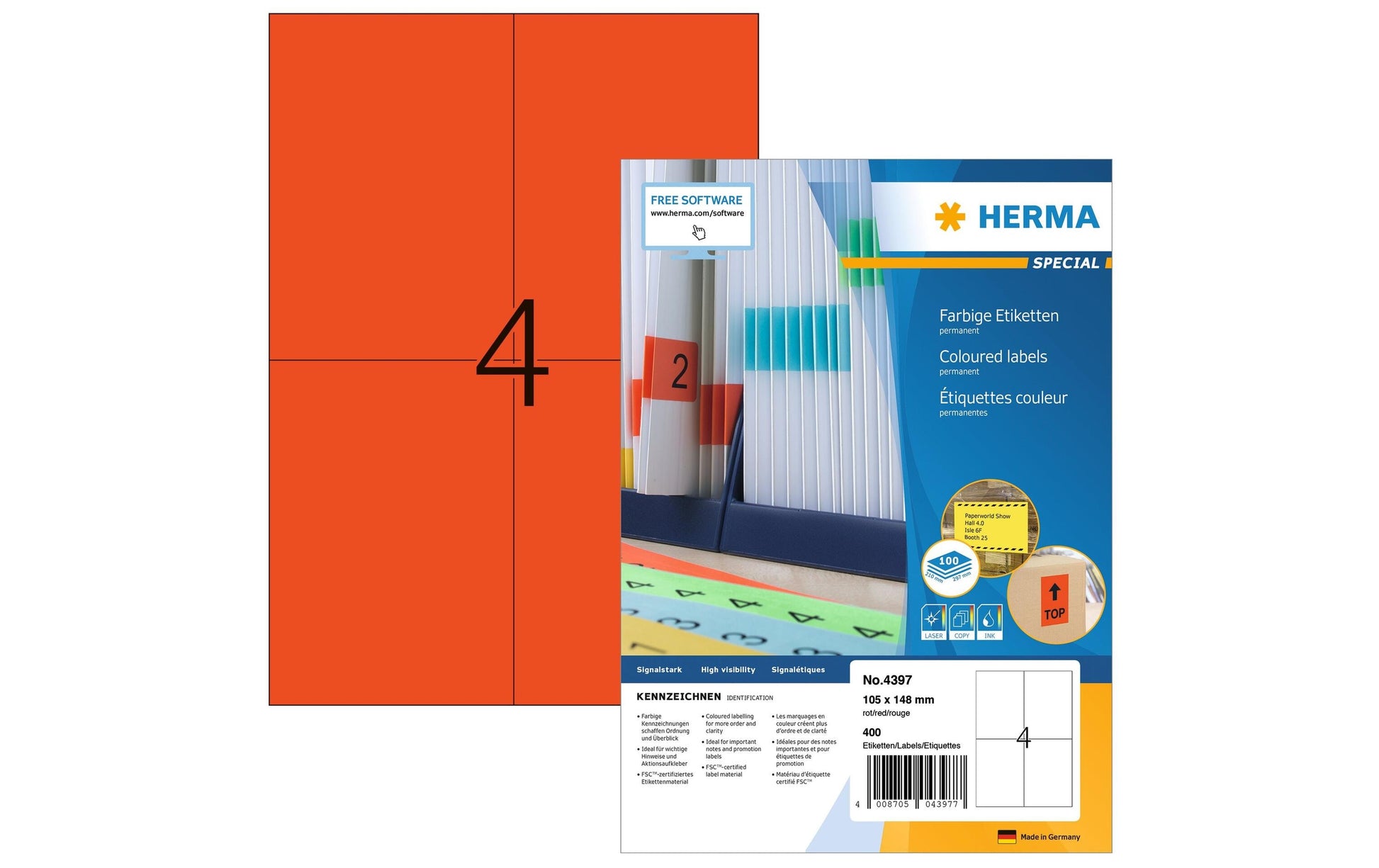 HERMA Druckeretiketten, 105 mm × 148 mm, rot, Papier, permanent, 400 Etiketten (100 Blatt)