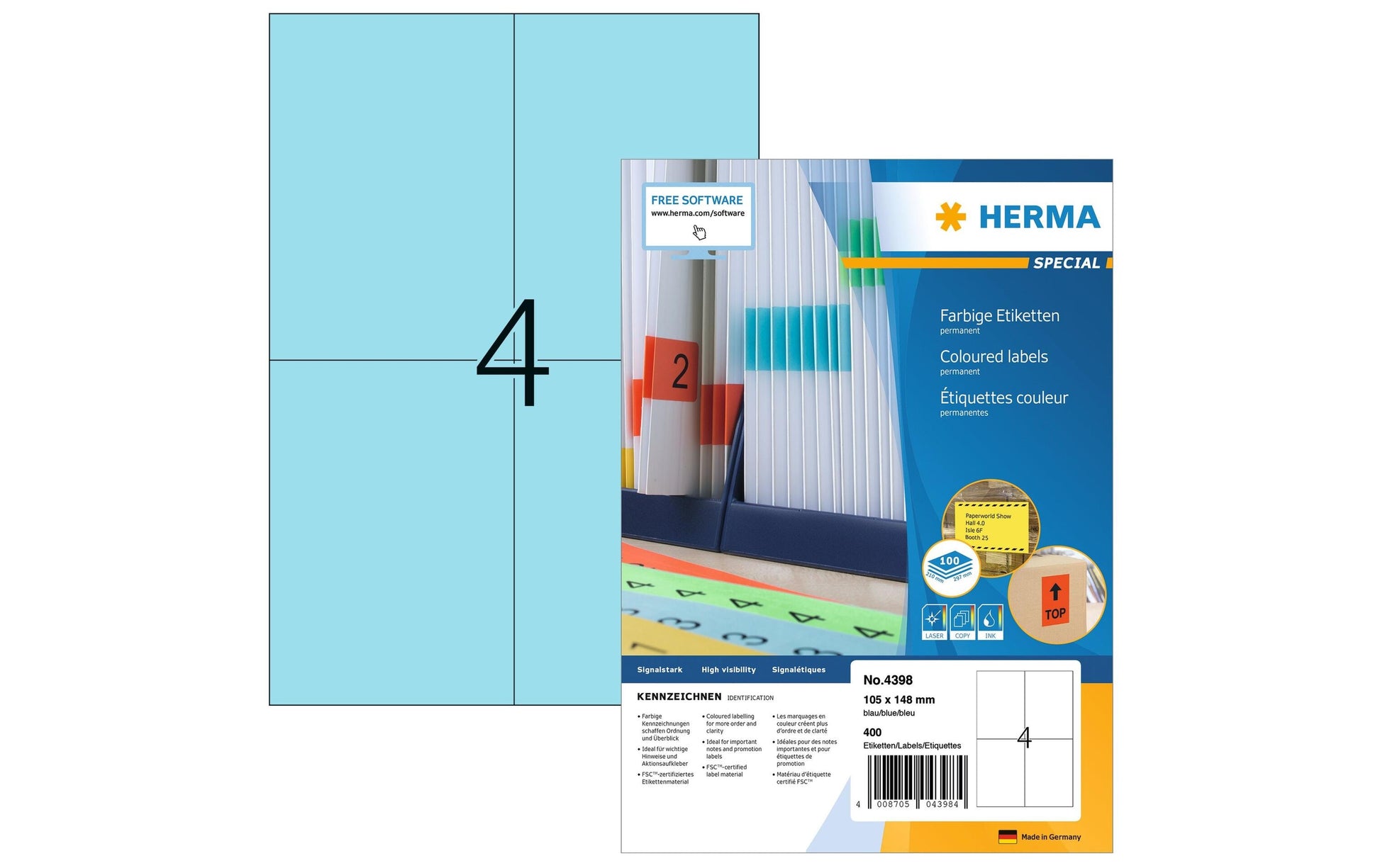 HERMA Etiketten auf Bogen, 105 mm × 148 mm, blau, Papier, permanent, 400 Etiketten (100 Blatt)
