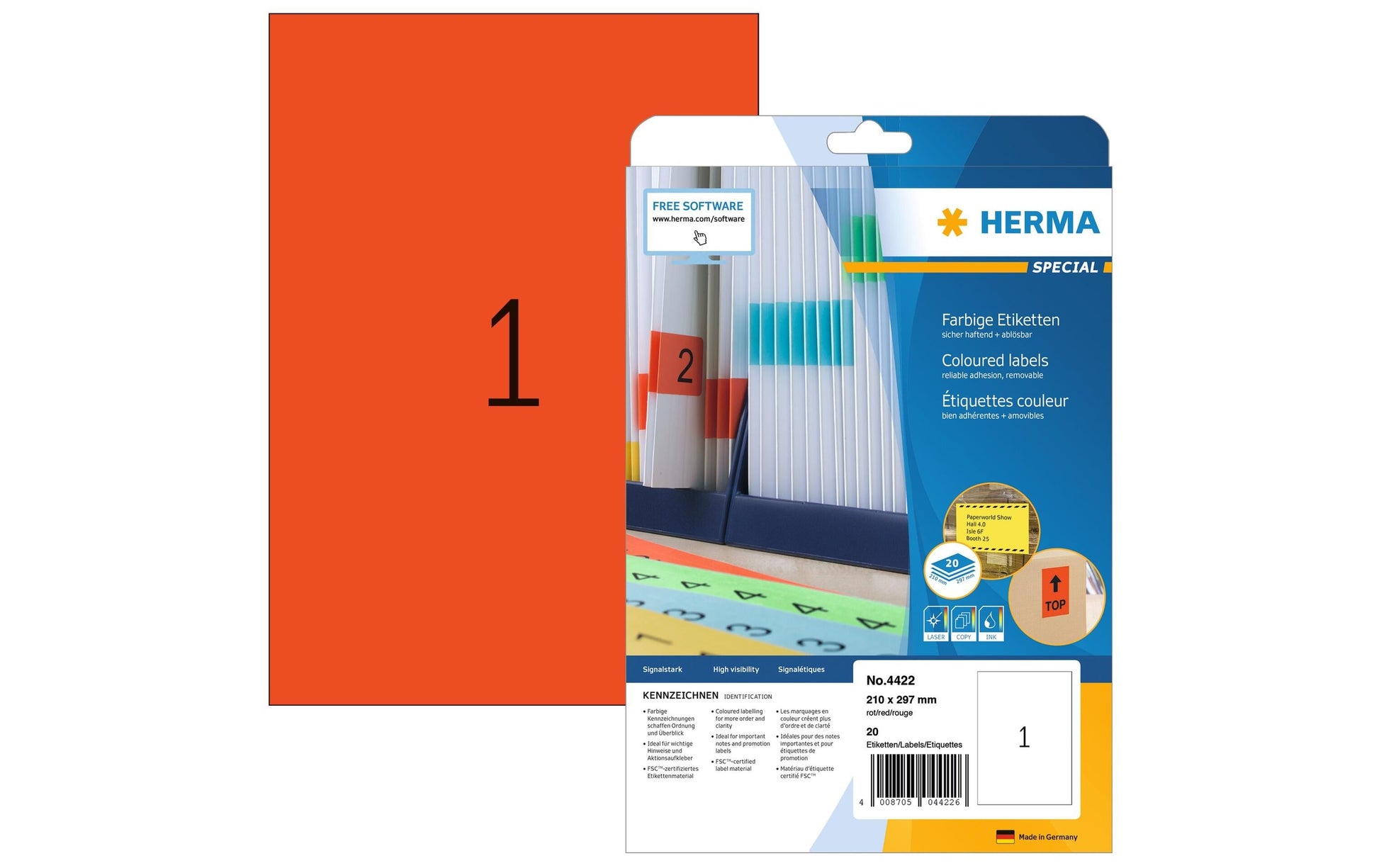 HERMA Druckeretiketten, 210 mm × 297 mm, rot, Papier, wiederablösbar, 20 Blätter