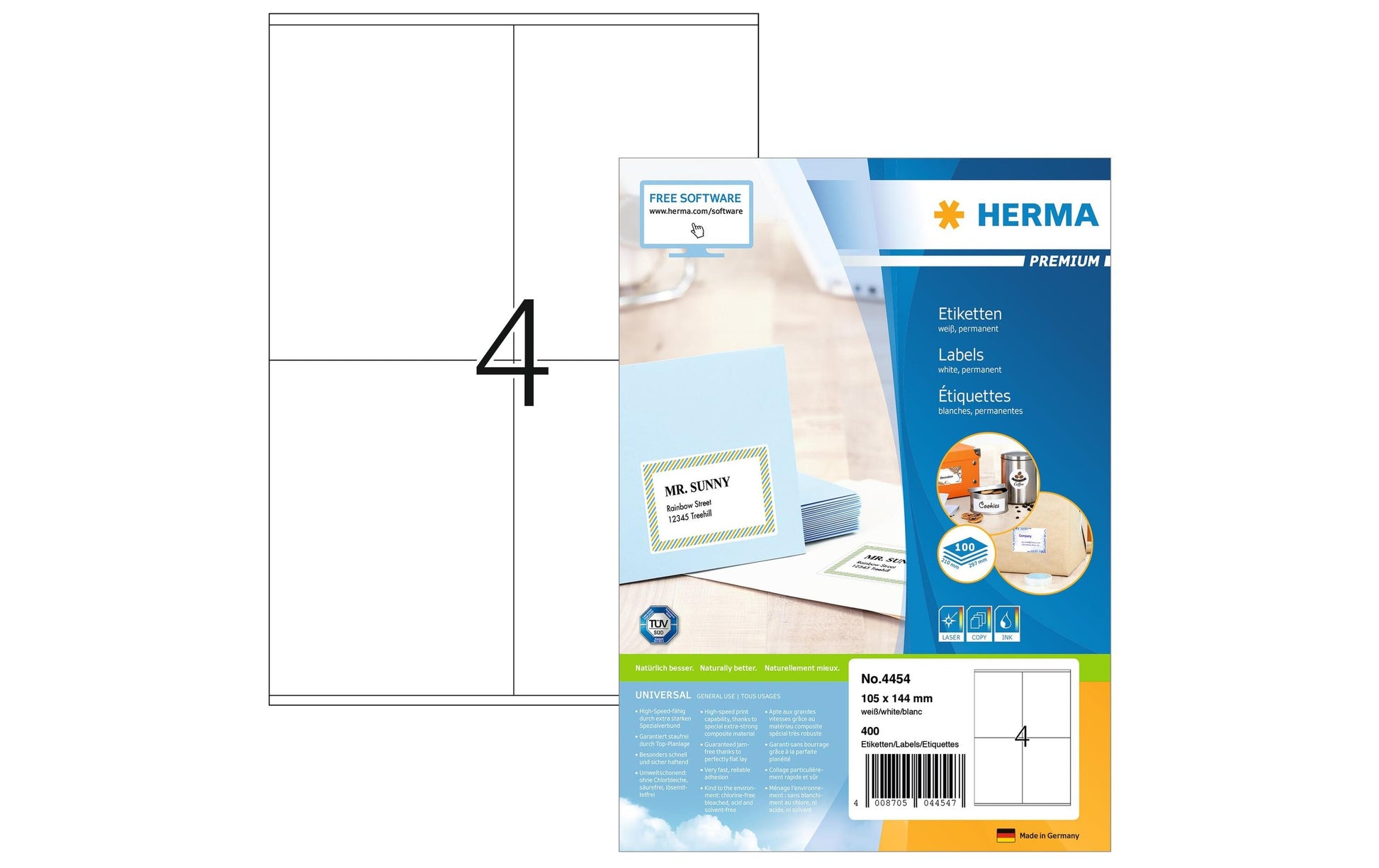 HERMA Druckeretiketten, 105 mm × 144 mm, weiss, Papier, permanent, 400 Etiketten (100 Blatt)