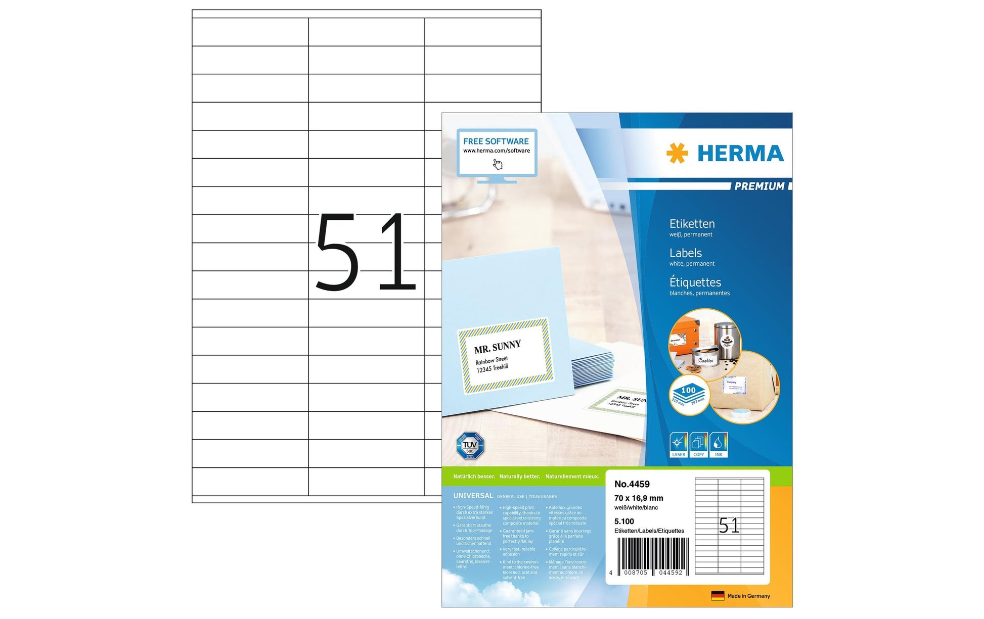 HERMA Bogenetiketten, 70 mm × 17 mm, weiss, Papier, permanent, 100 Blatt (5100 Etiketten)