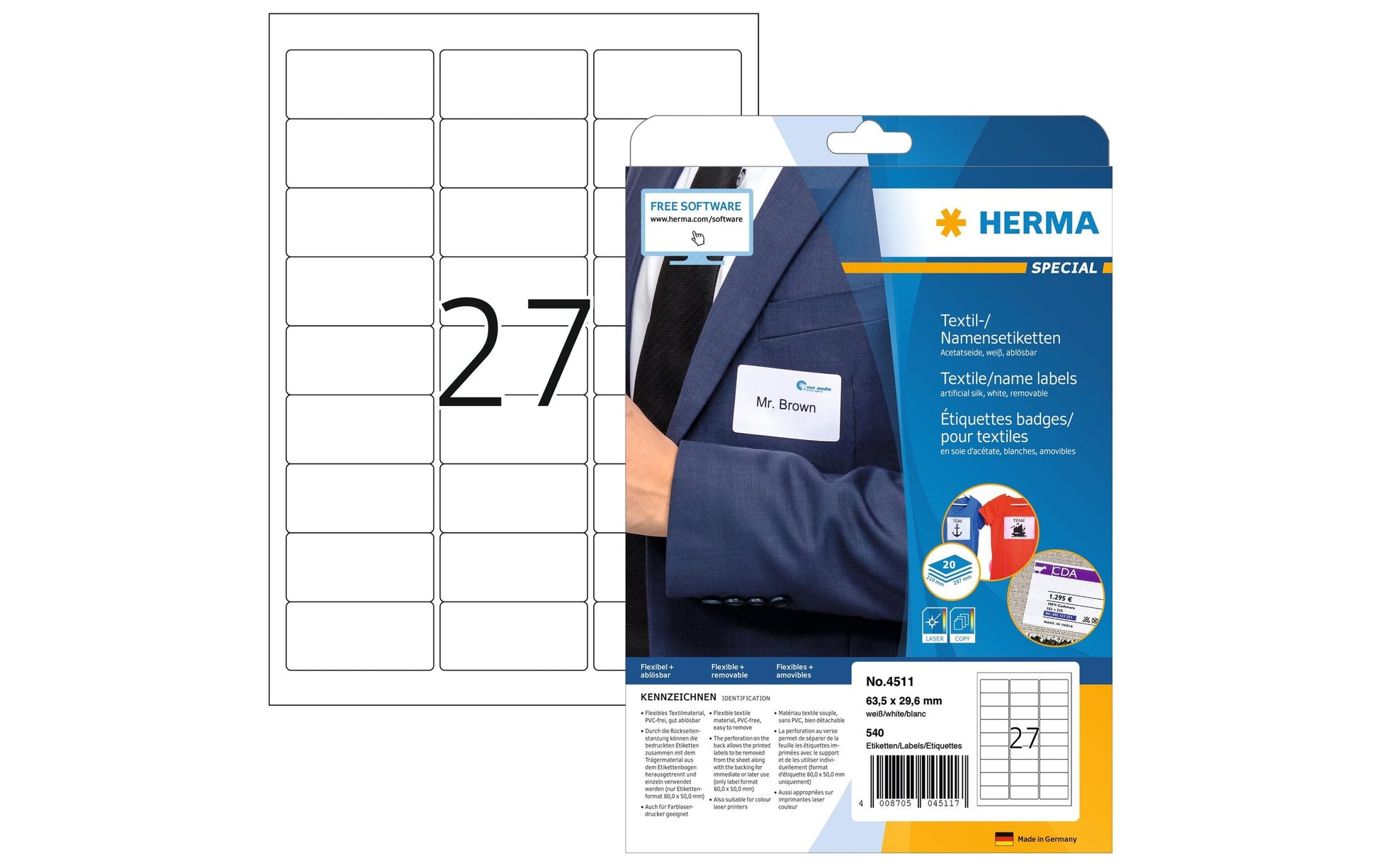 HERMA Schuletiketten – 63,5×29,6 mm, Abgerundete Ecken, 540 Stk, 20 Bogen, Textil, Ablösbar