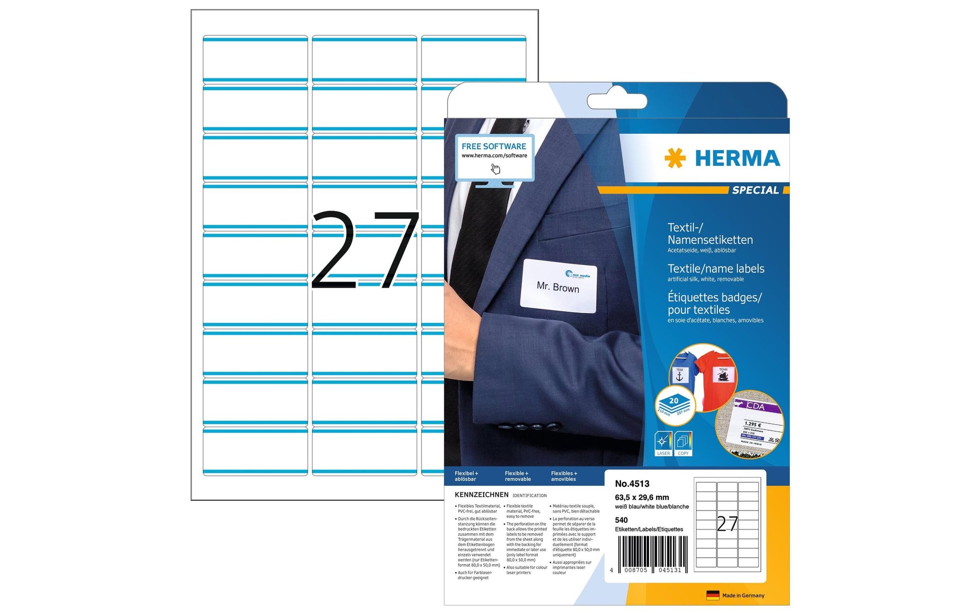 HERMA Textiletiketten, 64 mm × 30 mm, weiss, Textil, selbstklebend, 540 Etiketten (20 Blätter)