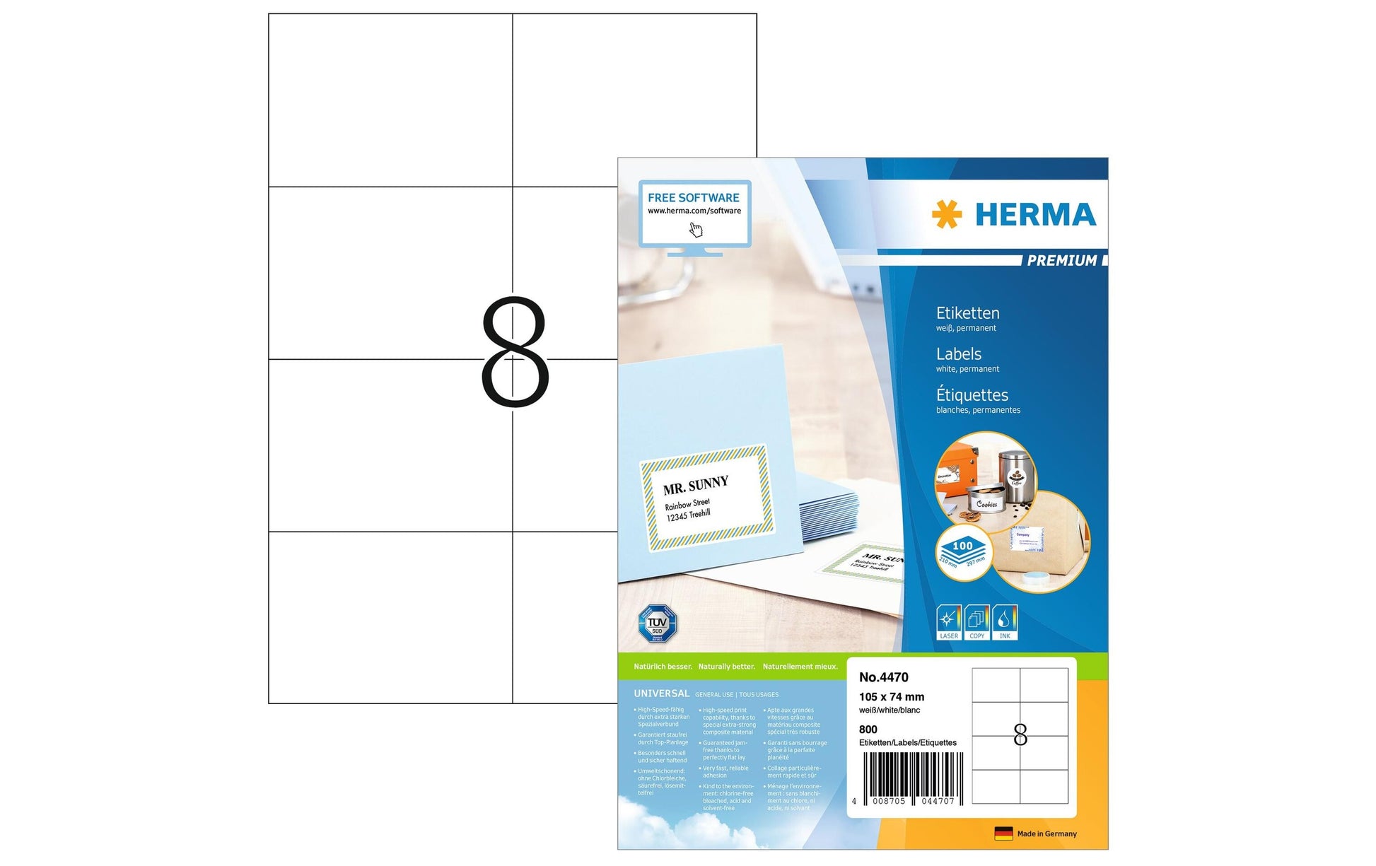 HERMA Etiketten, 105 mm × 74 mm, weiss, Papier, permanent, 800 Etiketten (100 Blatt)