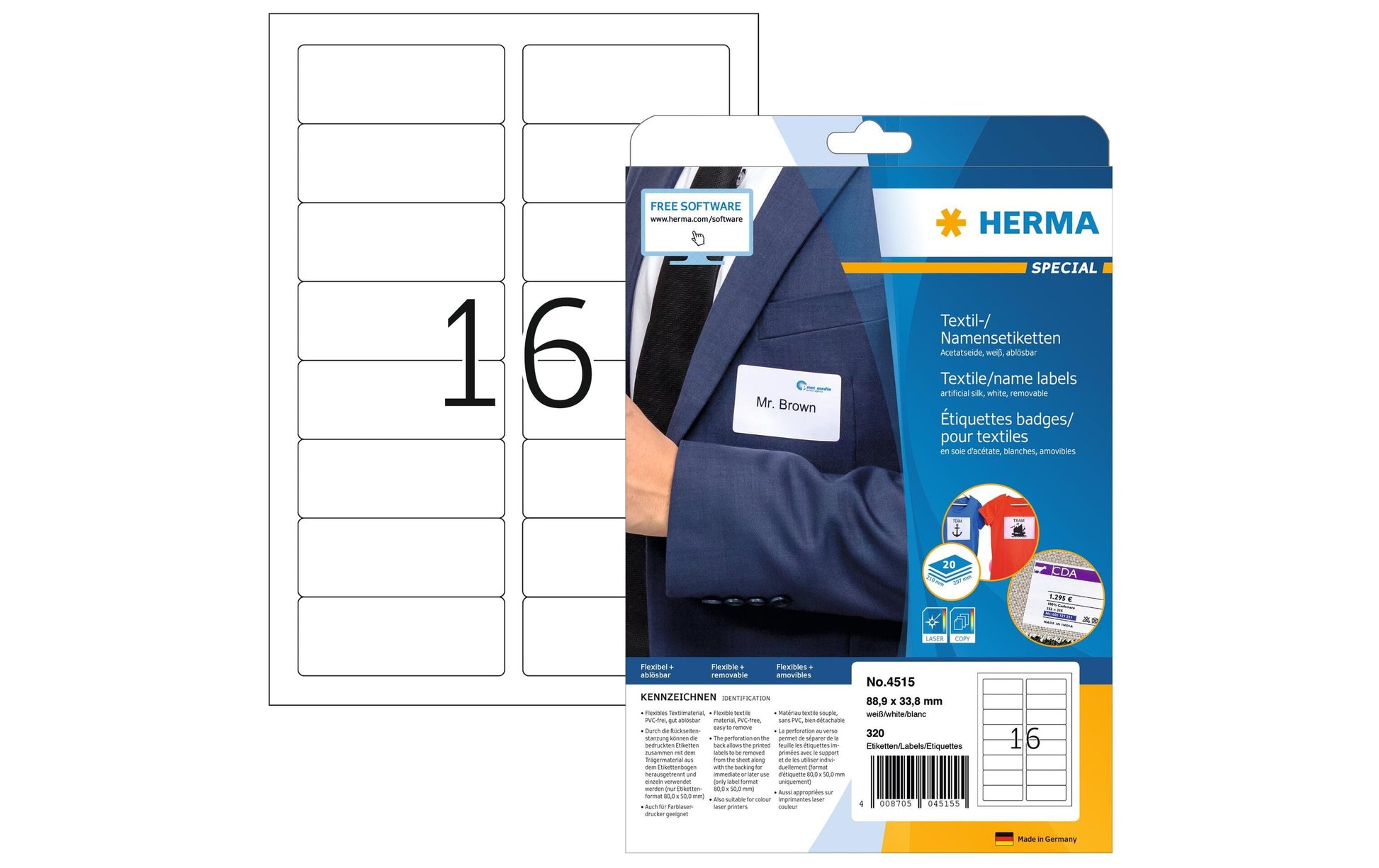 HERMA Schuletiketten – 88,9 × 33,8 mm, abgerundete Ecken, 320 Stk, 20 Bogen, Textil, ablösbar