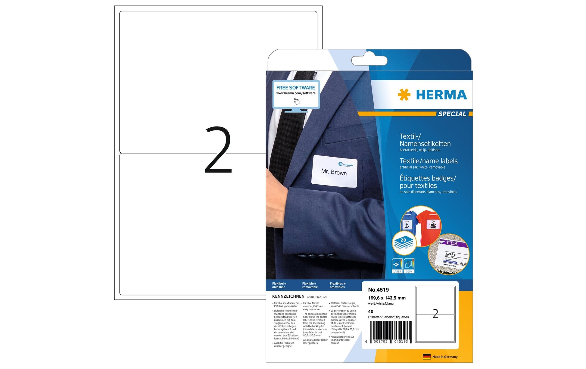 HERMA Textiletiketten, 200 mm × 144 mm, weiss, Textil, selbstklebend, 20 Blätter (40 Etiketten)
