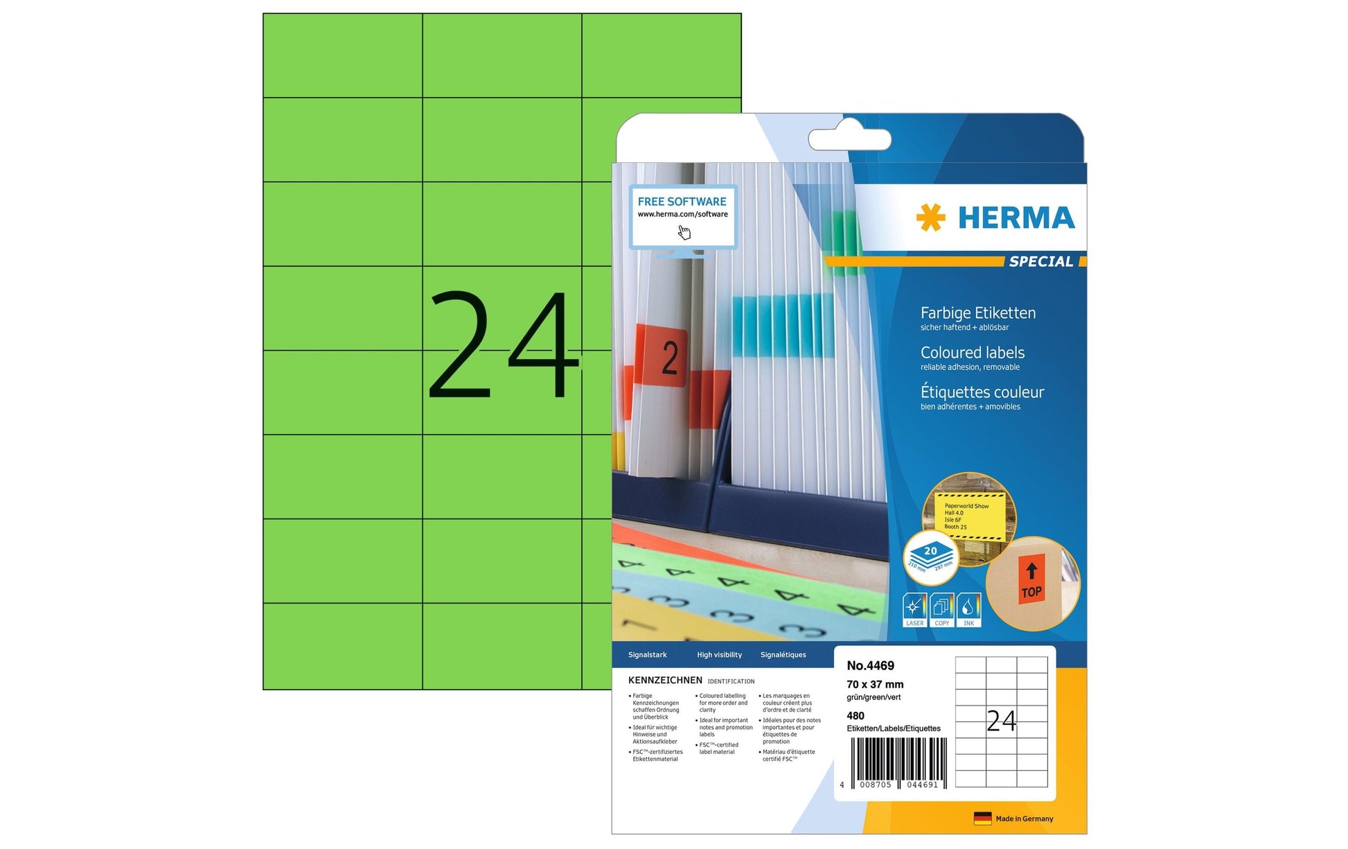 HERMA Selbstklebende Etiketten, 70 mm × 37 mm, Grün, Papier, Wiederablösbar, 20 Blätter (480 Etiketten)