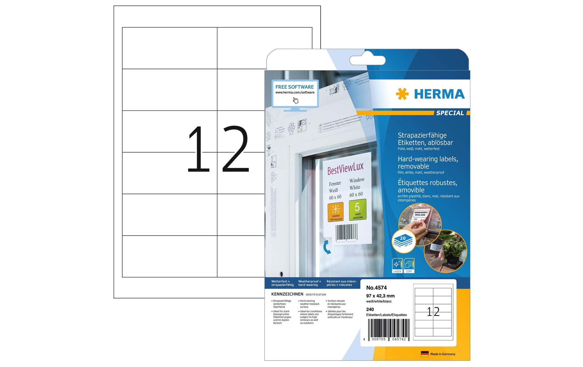 Herma – Druckeretiketten, 97 mm × 42 mm, weiss, Folie, extra stark, 20 Blatt (240 Etiketten)