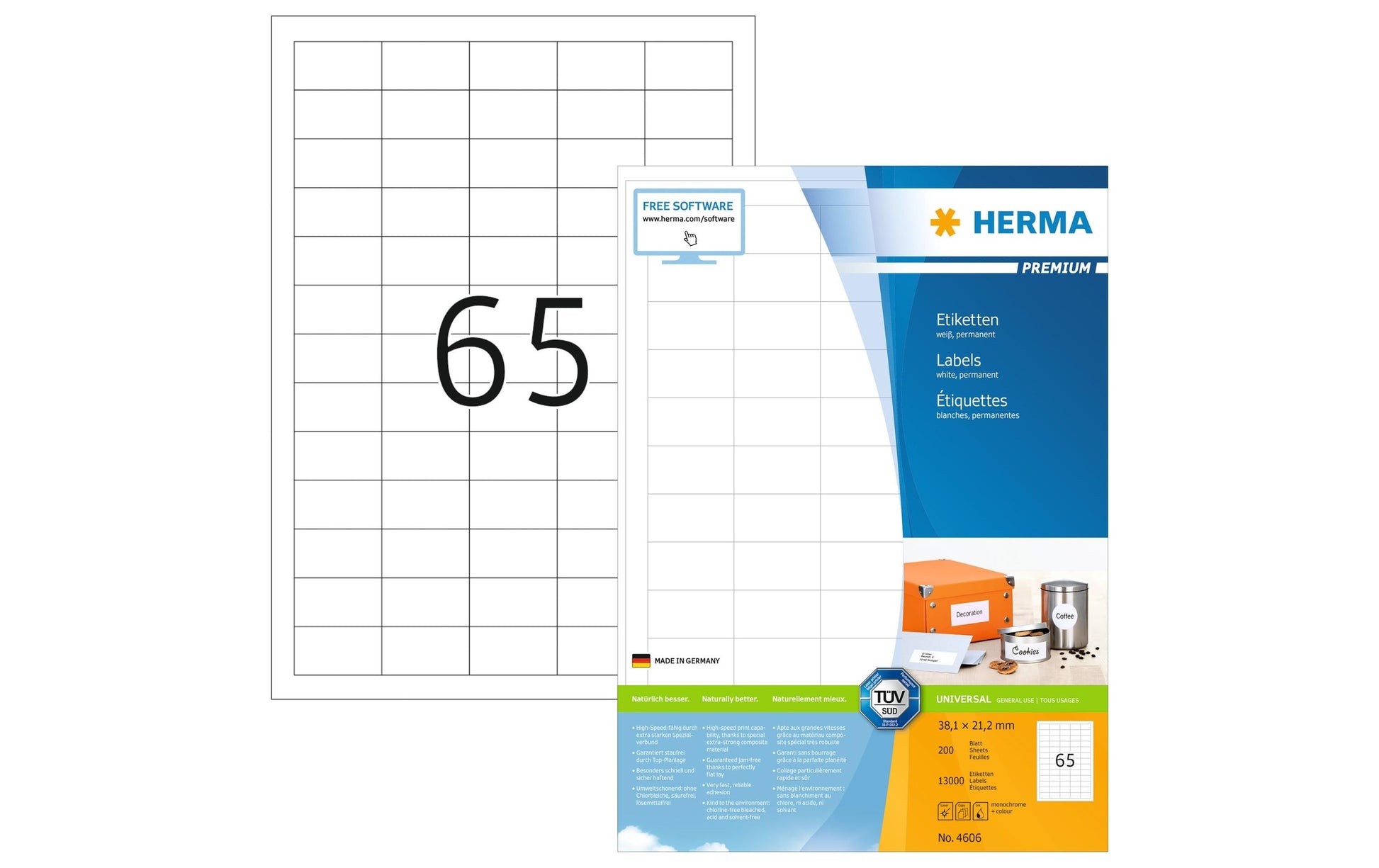 HERMA Etiketten, 38,1 mm × 21,2 mm, weiss, permanent, 200 Blätter (13'000 Etiketten)