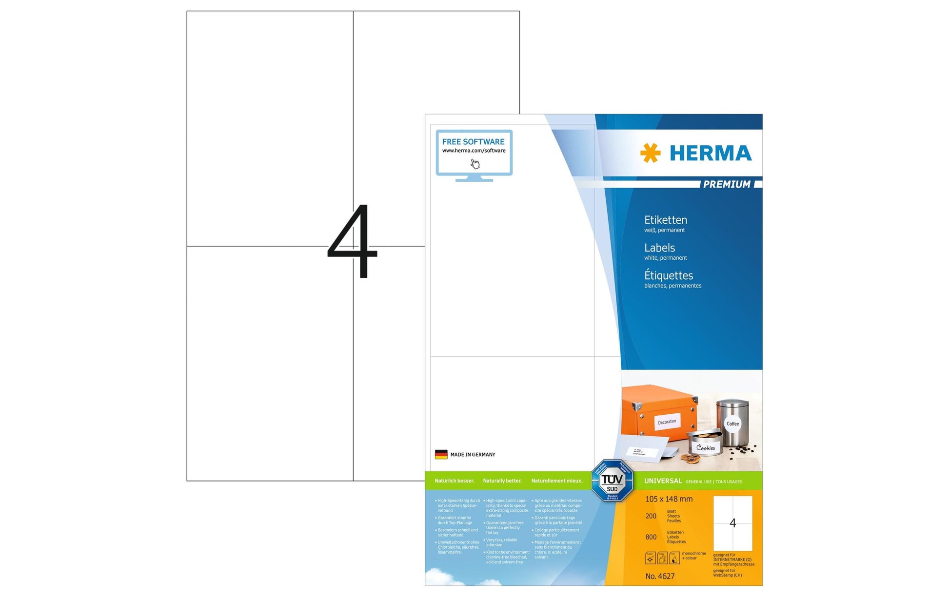 HERMA Bogenetiketten, 105 mm × 148 mm, weiss, Papier, permanent, 200 Blatt (800 Etiketten)