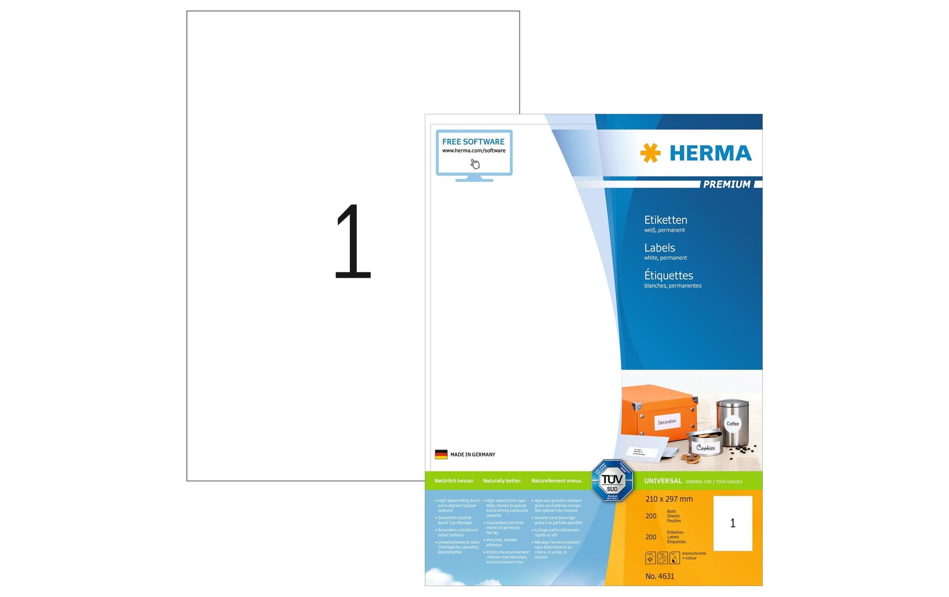 HERMA Etiketten, 210 mm × 297 mm, weiss, Papier, permanent, 200 Blatt