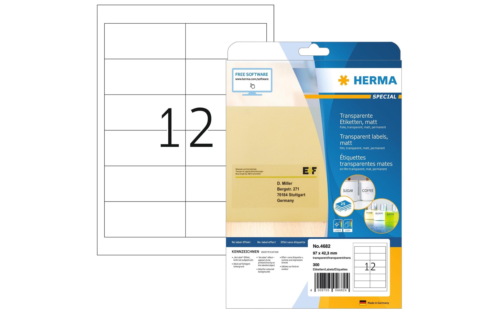 HERMA Druckeretiketten, 97 mm × 42 mm, transparent, Folie, permanent, 300 Etiketten (25 Blatt)
