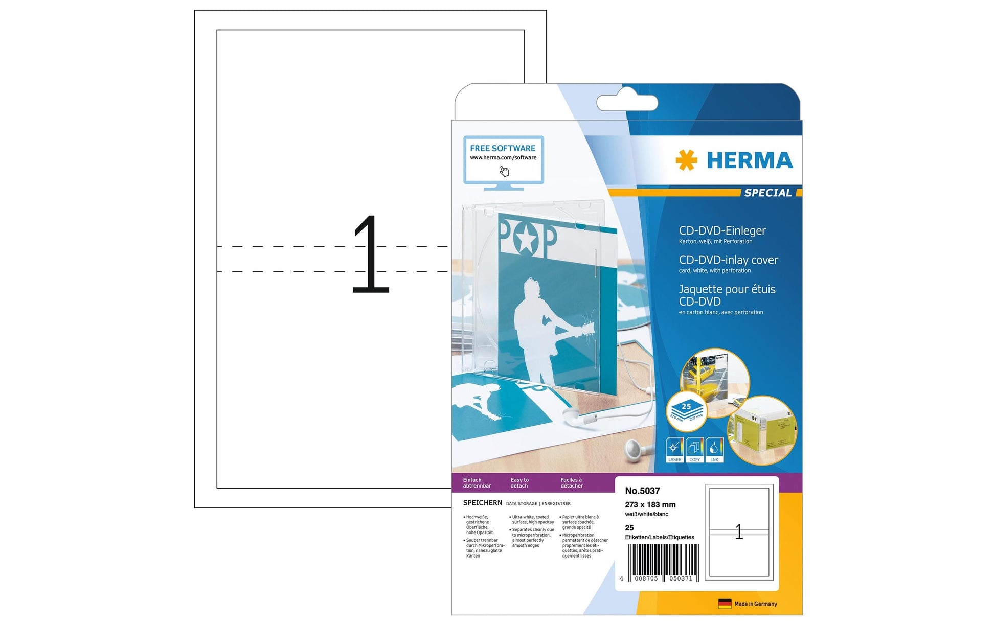 HERMA DVD-Einleger 273 × 183 mm – weiss – 1 pro Blatt, 25 Blätter – für Inkjet-/Laserdrucker und Kopierer