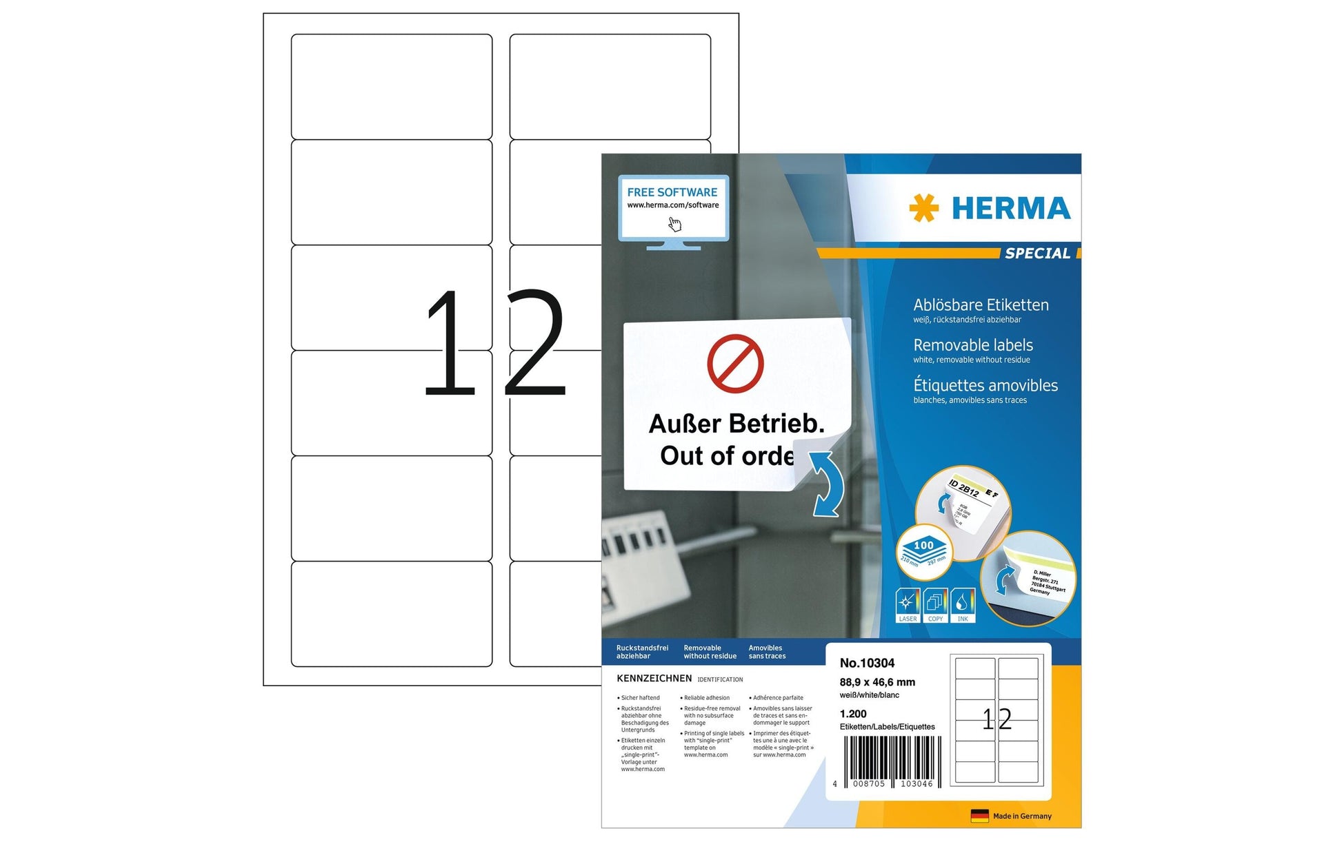 HERMA Bogenetiketten, 89 mm × 47 mm, weiss, Papier, ablösbar, 100 Blatt (1.200 Etiketten)