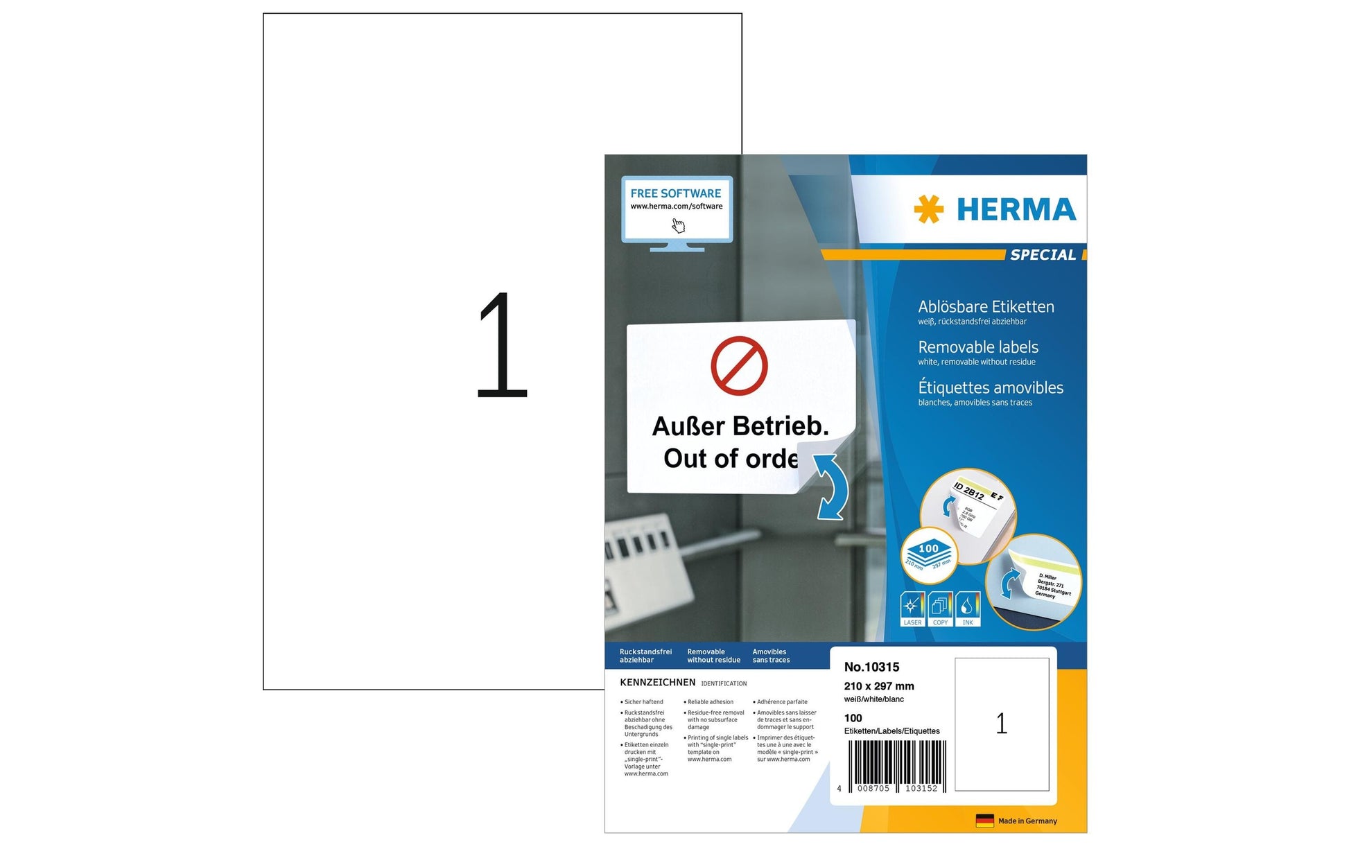 HERMA Drucketiketten, 210 mm × 297 mm, weiss, Papier, ablösbar, 100 Etiketten