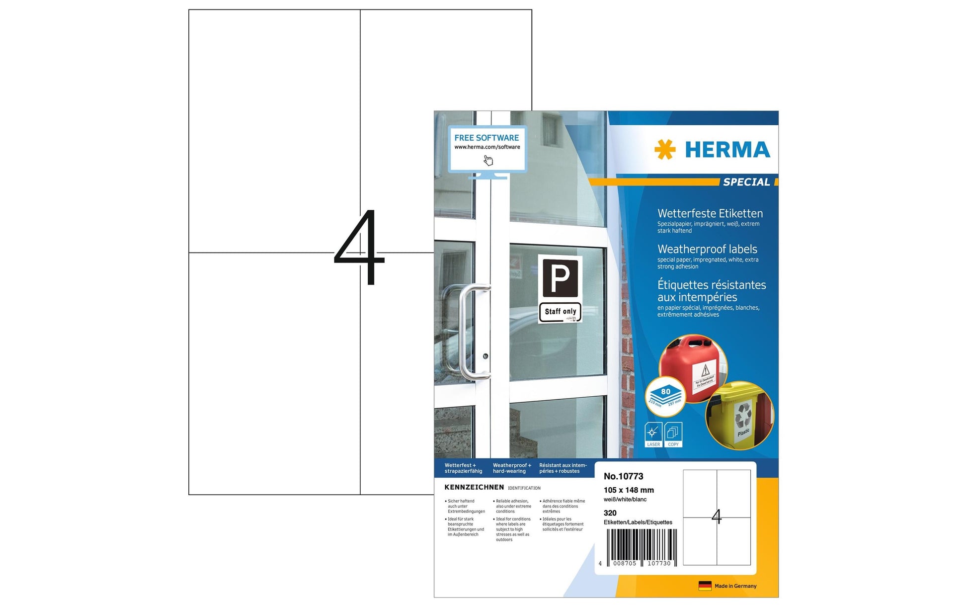 HERMA Drucketiketten, 105 mm × 148 mm, weiss, Folie, extra stark, 80 Blätter (320 Etiketten)