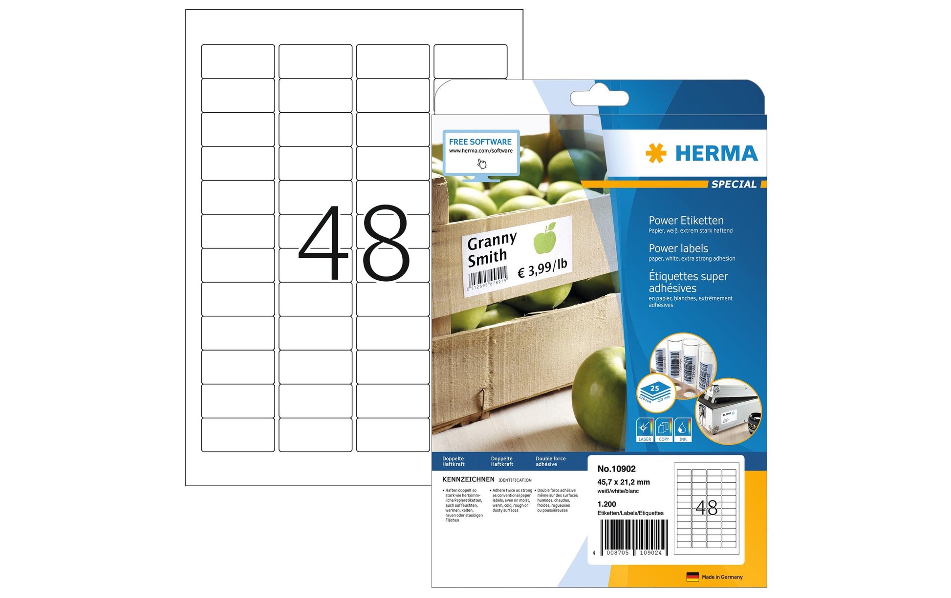 HERMA Etiketten (A4-Bogen), 46 mm × 21 mm, weiss, Papier, extra stark, 25 Blatt