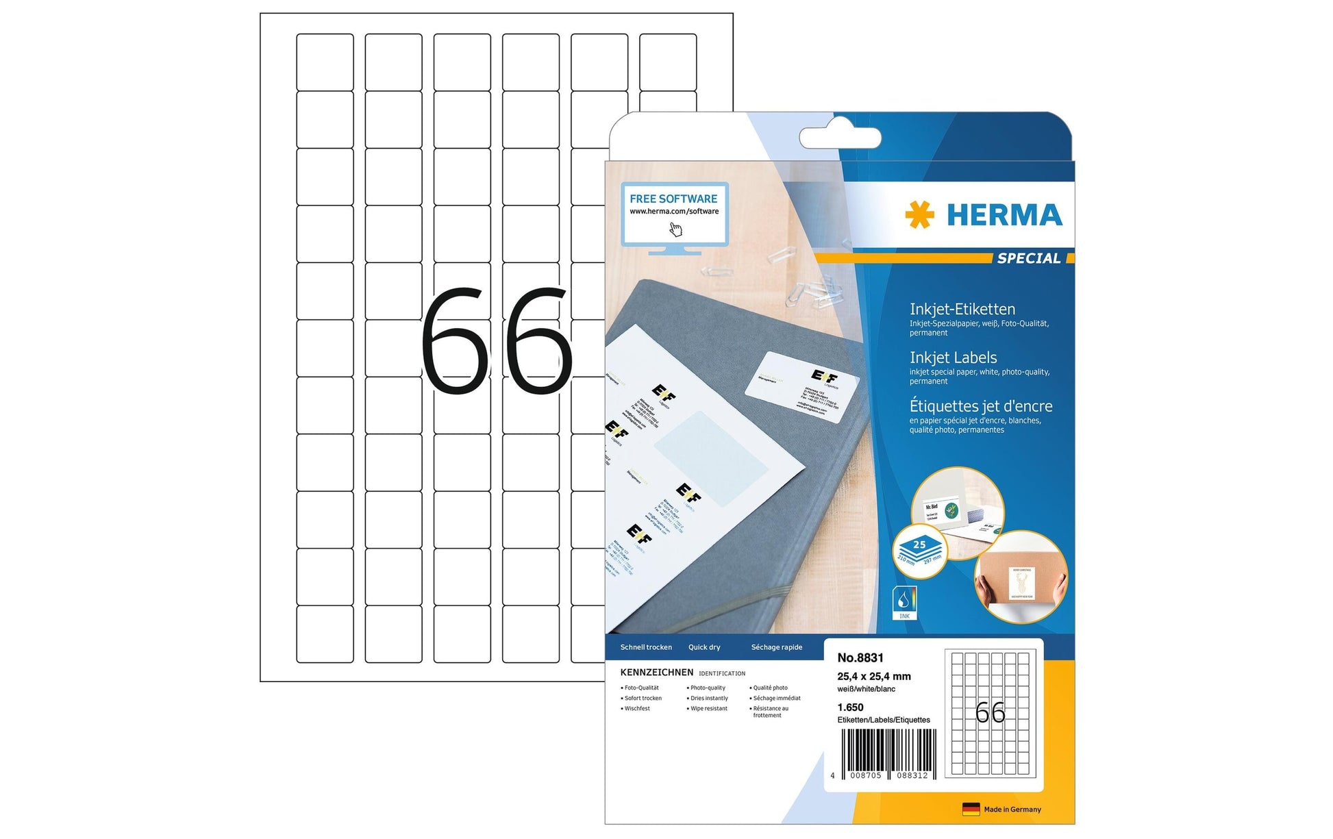 HERMA Druckeretiketten, 25 mm × 25 mm, weiss, Papier, permanent, 25 Blatt