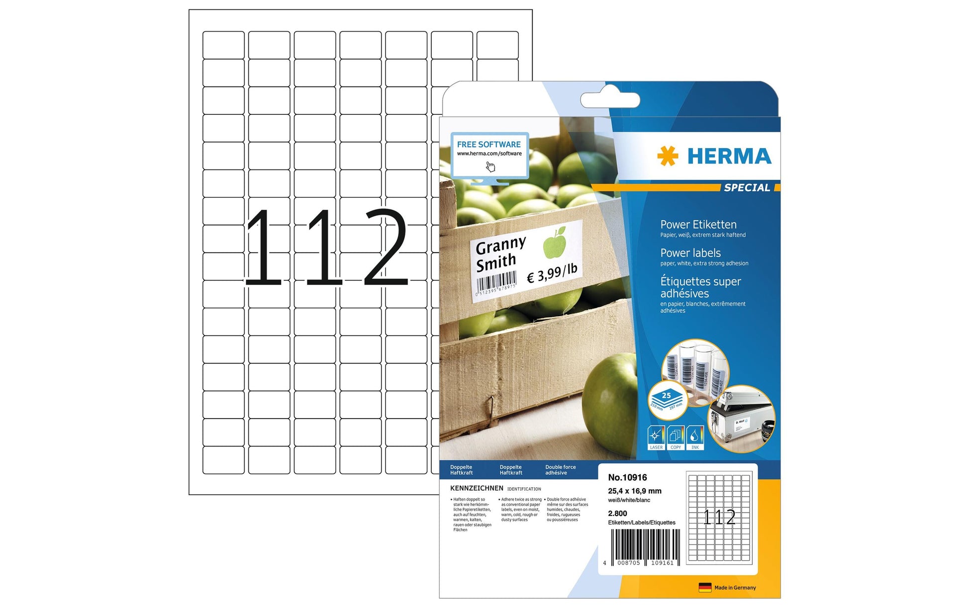 HERMA Druckeretiketten, 25 mm × 17 mm, weiss, Papier, extra stark, 25 Blatt