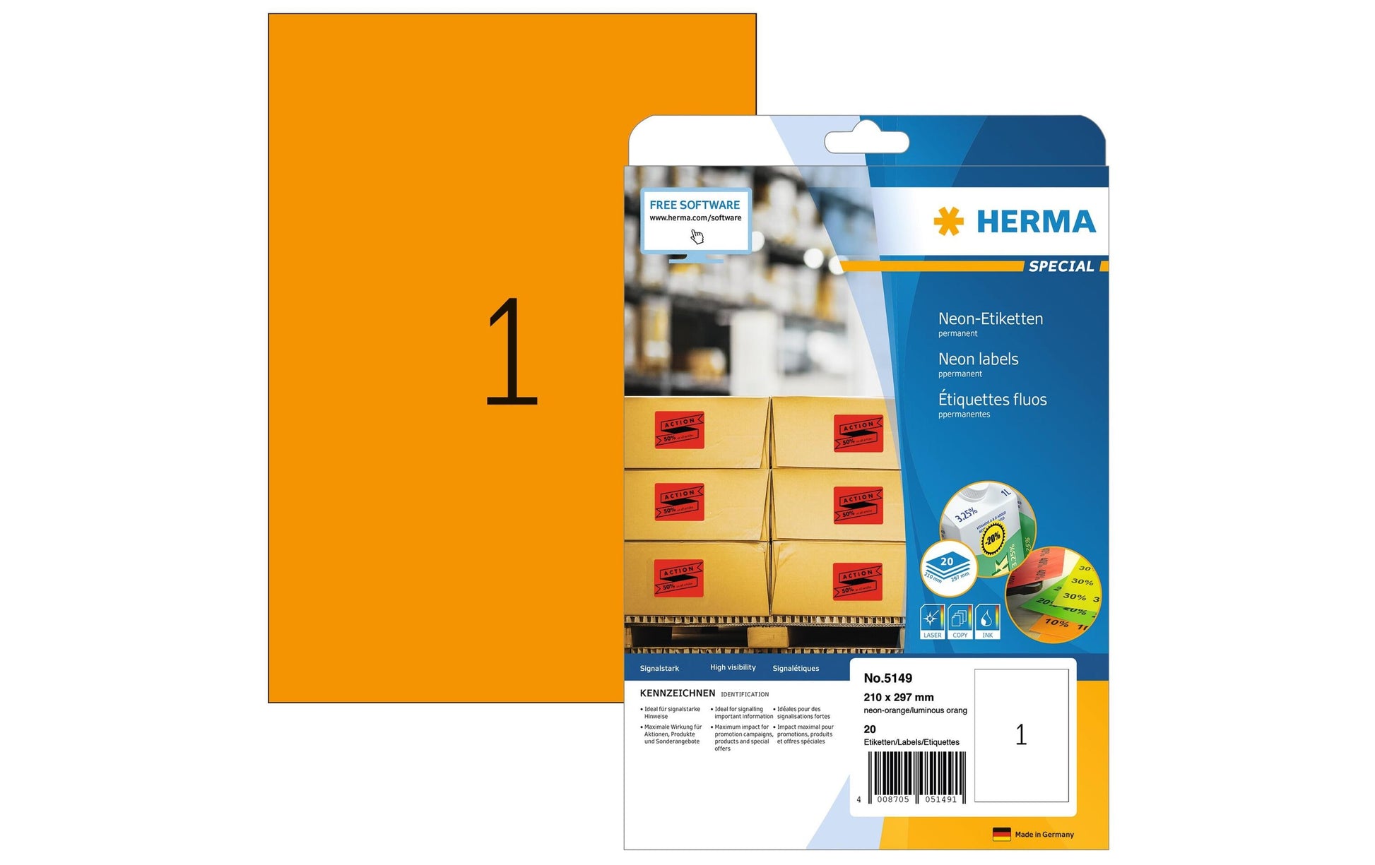 HERMA Schuletiketten – Neonorange – 210 × 297 mm, 20 Stk, 20 Bogen, Papier, permanent haftend