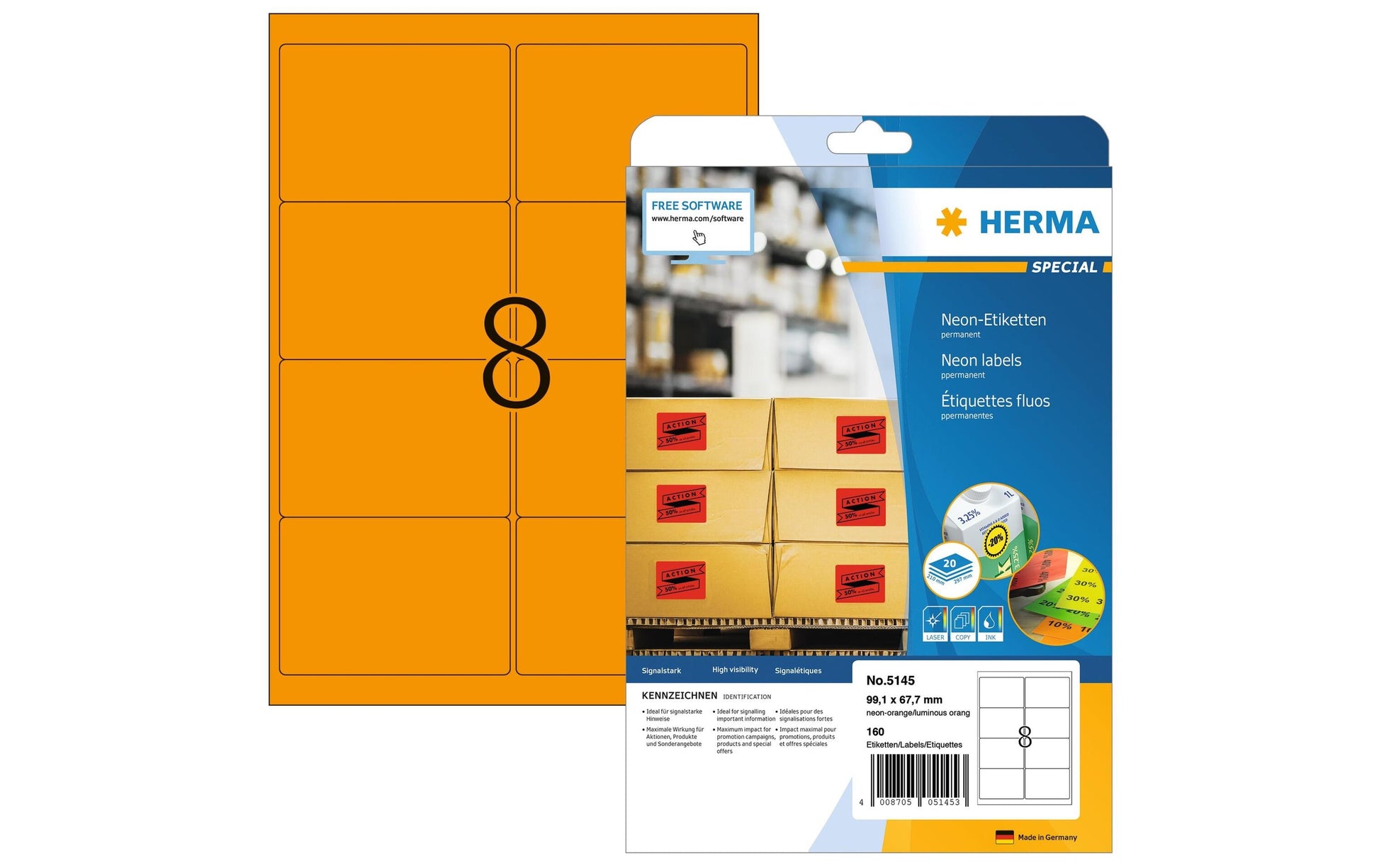 HERMA Druckeretiketten, 99 mm × 68 mm, Neonorange, Papier, permanent, 160 Etiketten