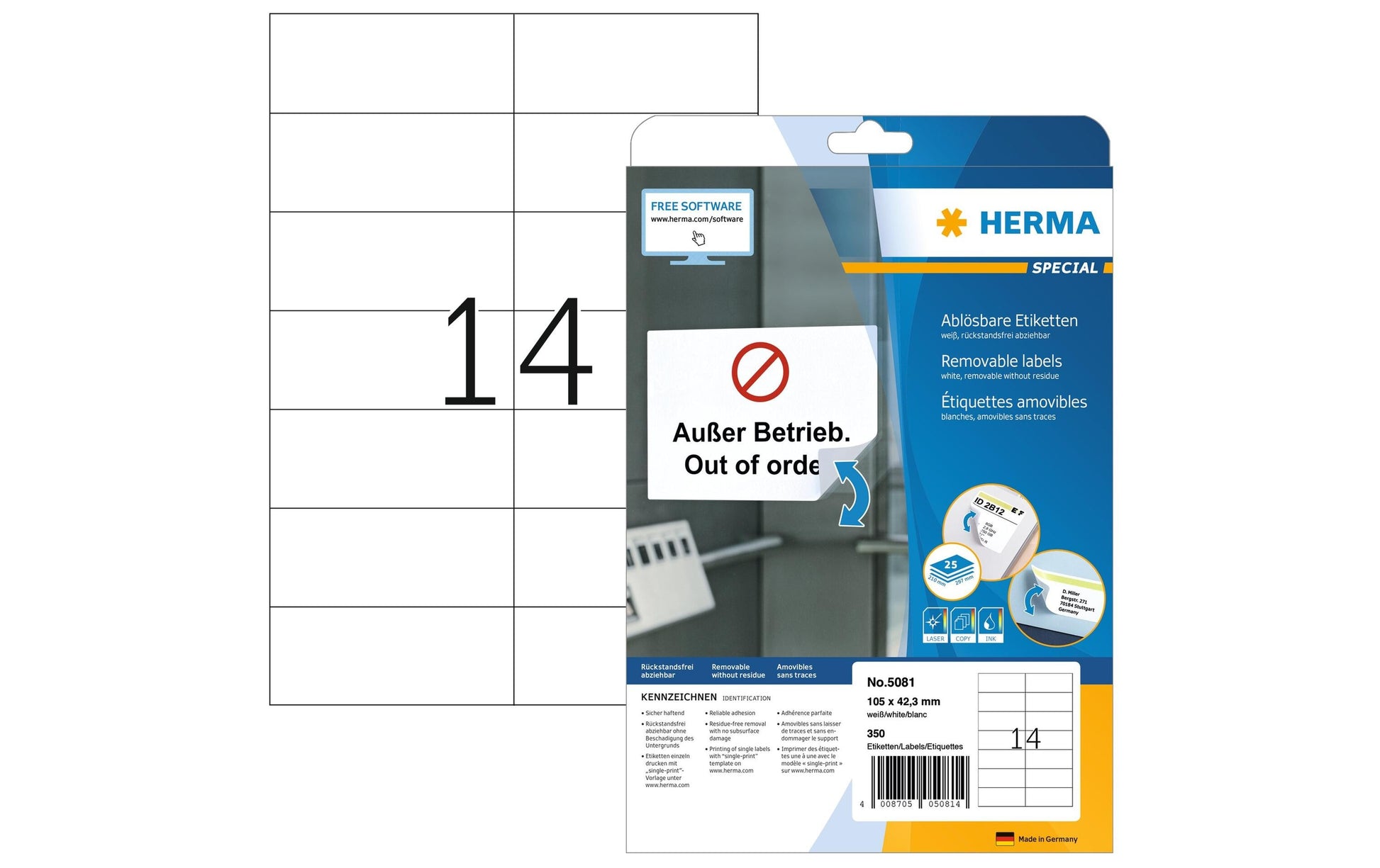 HERMA Druckeretiketten, 105 mm × 42 mm, weiss, Papier, ablösbar, 25 Blätter (350 Etiketten)