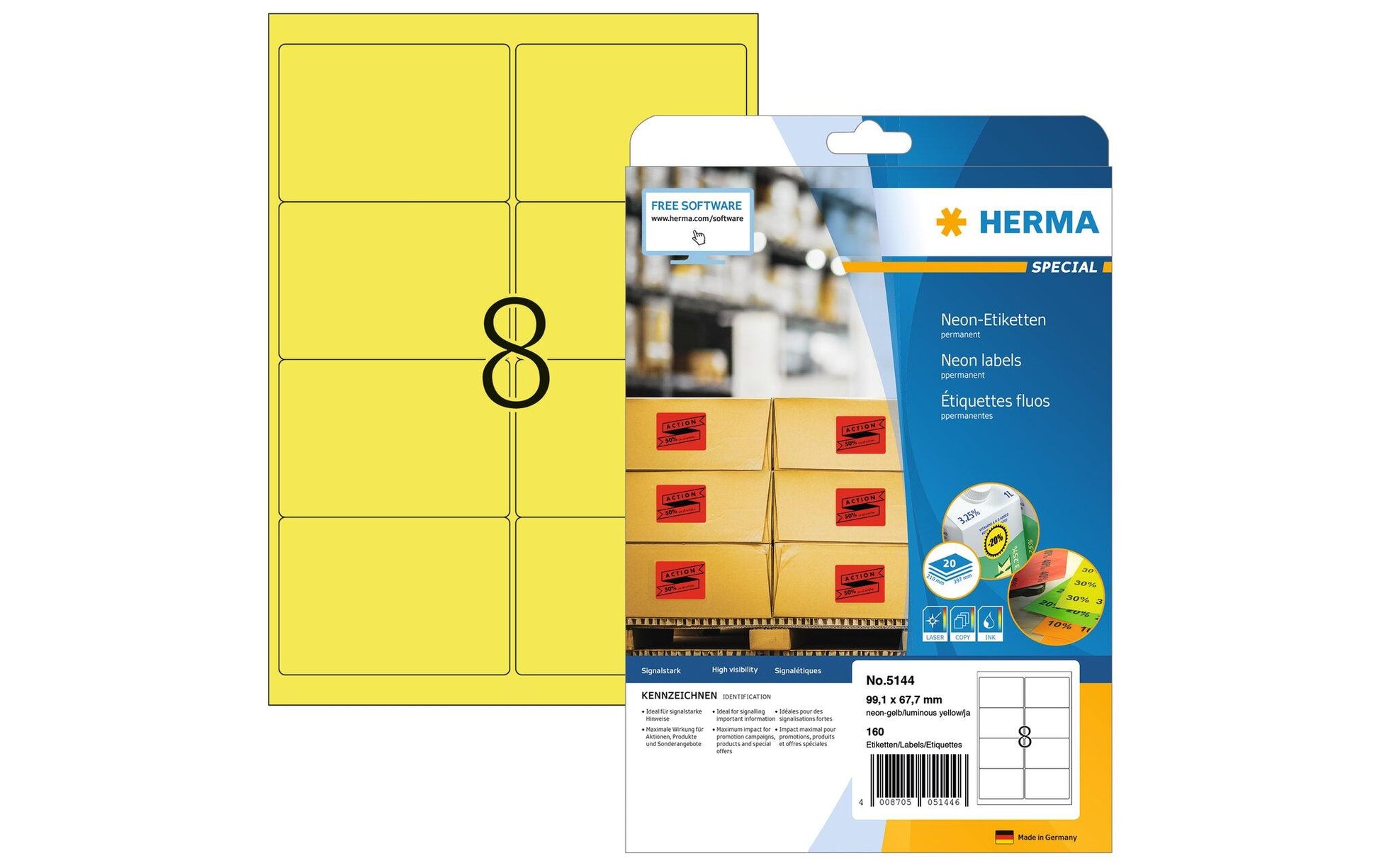 HERMA Schuletiketten – Motiv Neongelb – 99,1×67,7 mm, Abgerundete Ecken, 160 Stück, 20 Bogen