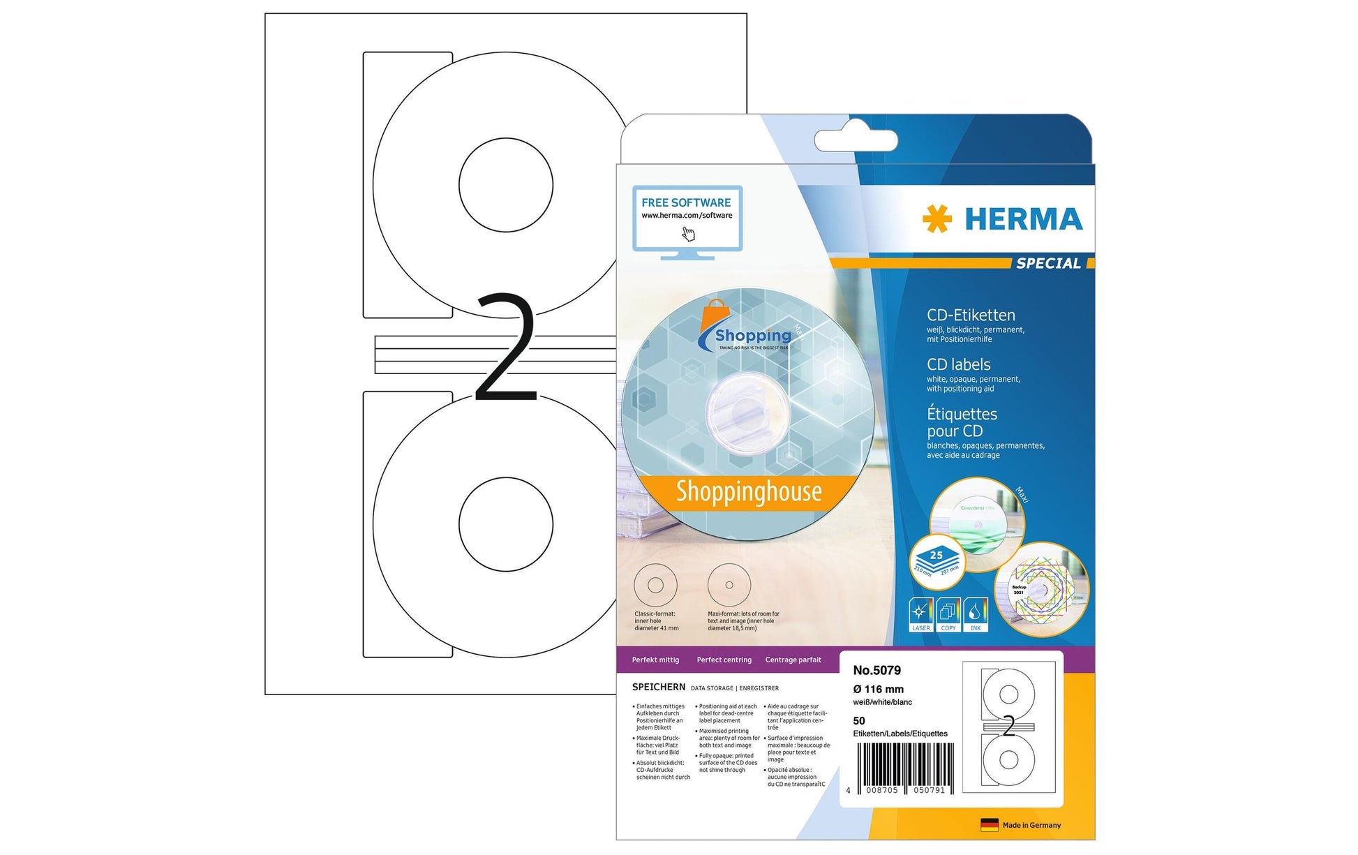 HERMA Etiketten A4 Ø 116 mm – Papier, weiss – permanent haftend – Laser/Inkjet – 2 pro Blatt, 25 Blätter