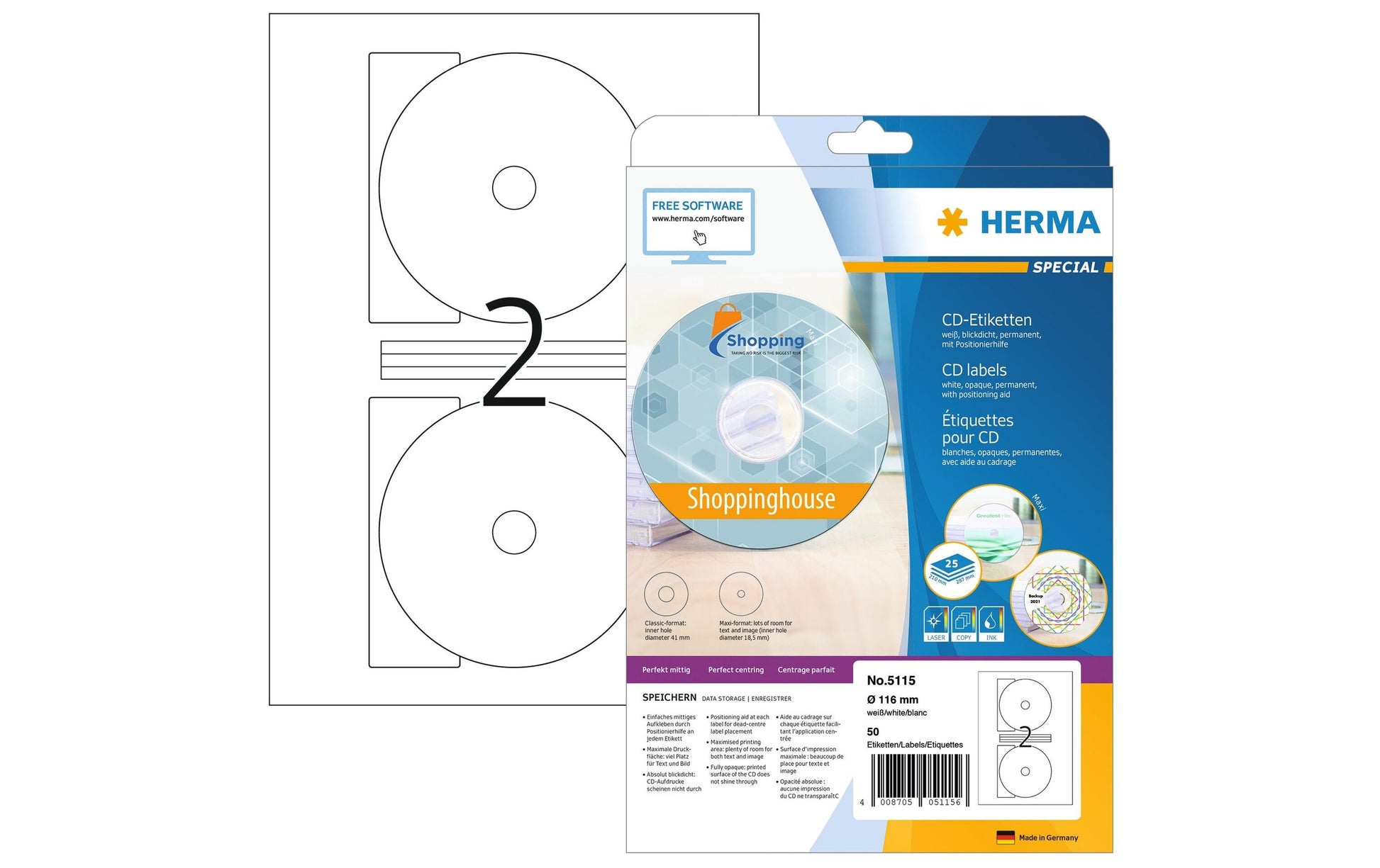 HERMA CD-/DVD-Etiketten, Ø 116 mm, weiss, Papier, permanent, 50 Etiketten (25 Blatt)