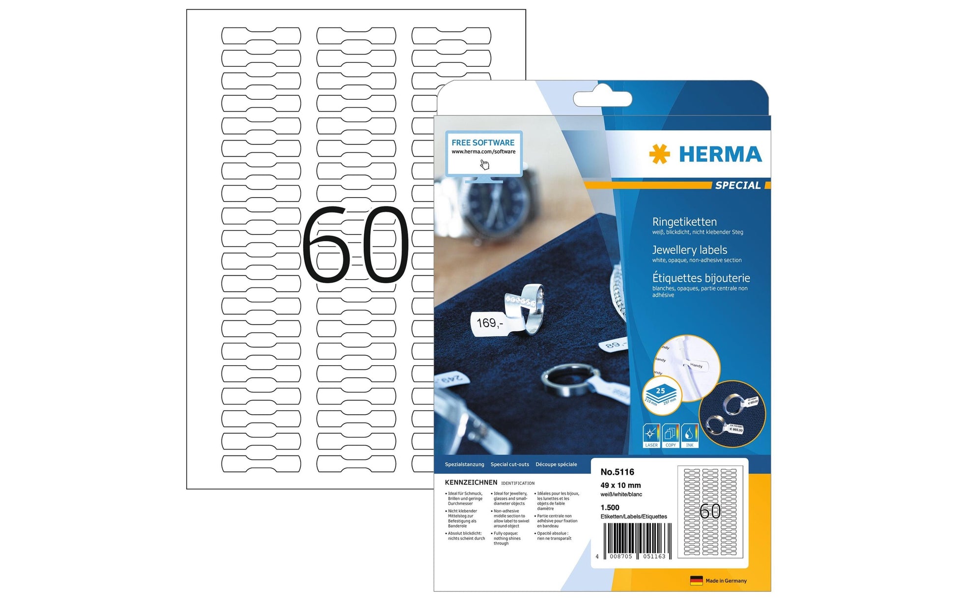 HERMA Ringetiketten – Spezialstanzung 49 × 10 mm, permanent, weiss, A4, 25 Blatt (1'500 Stk.)