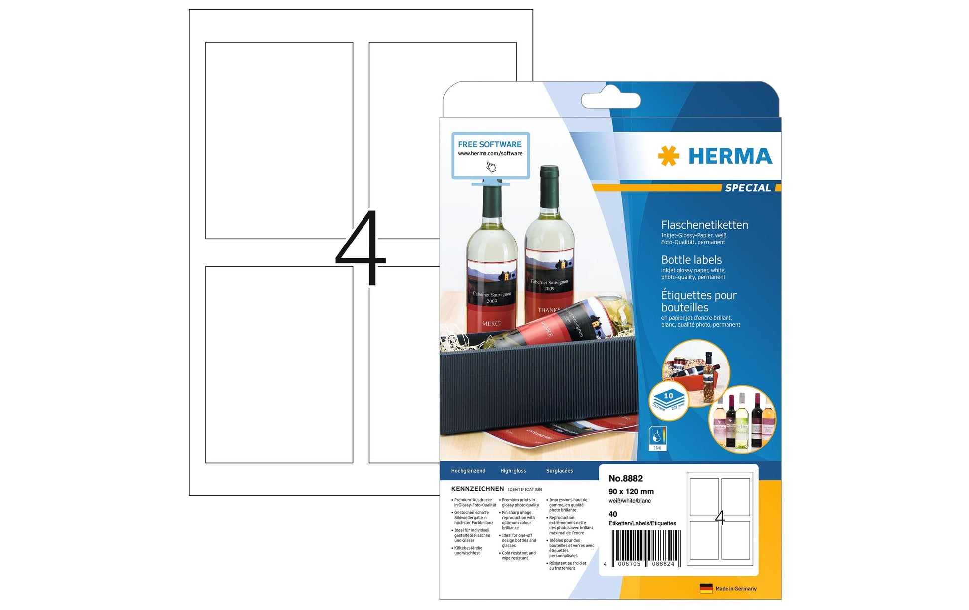 HERMA 8882 – Etiketten A4 90 × 120 mm – Papier, weiss – Permanent haftend – Inkjet – 4 pro Blatt, 10 Blätter
